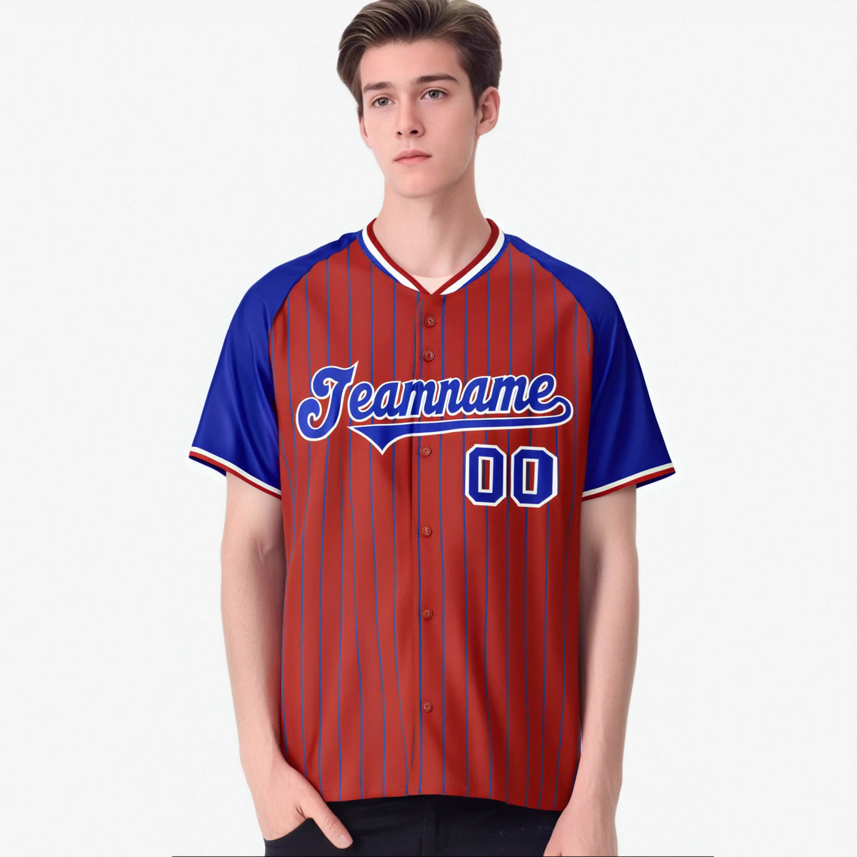 Custom Red-Royal Blue Pinstripe Authentic Raglan Sleeves Baseball Jersey