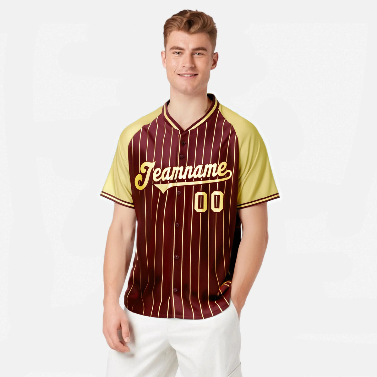 Custom Crimson Khaki Pinstripe Authentic Raglan Sleeves Baseball Jersey