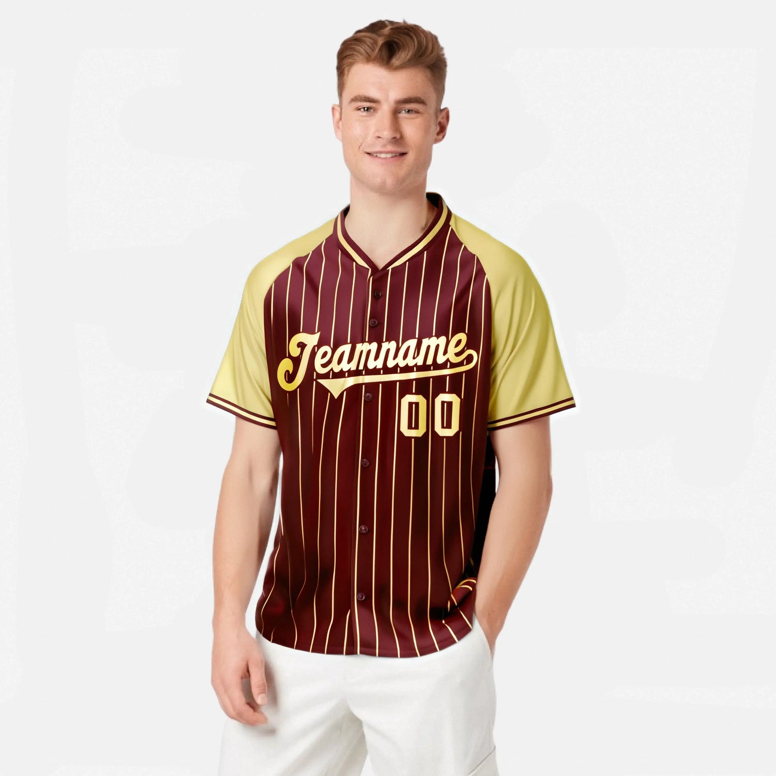 Custom Crimson Khaki Pinstripe Authentic Raglan Sleeves Baseball Jersey