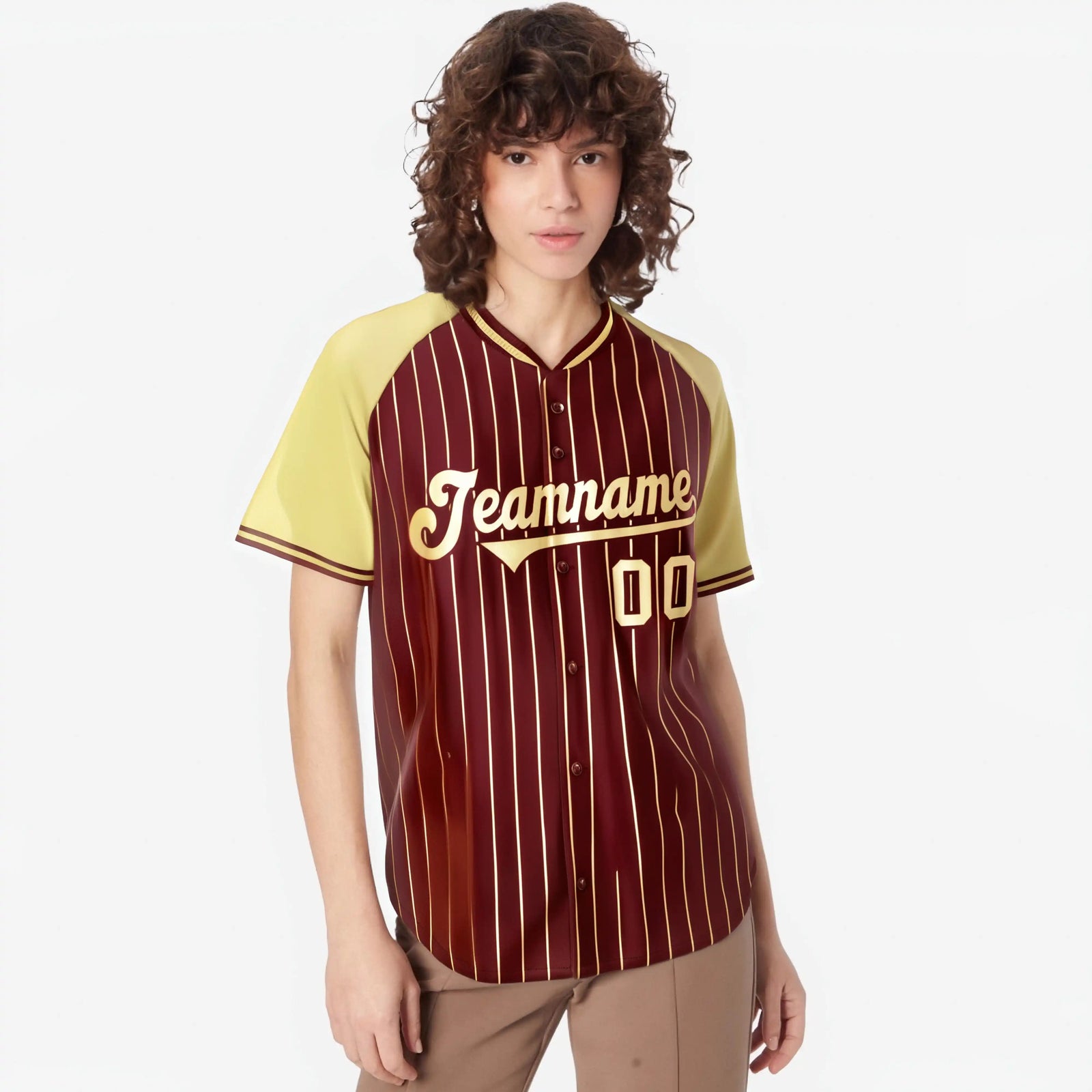Custom Crimson Khaki Pinstripe Authentic Raglan Sleeves Baseball Jersey