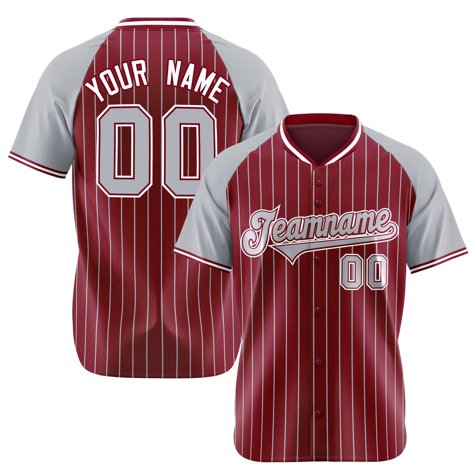Custom Crimson Gray Pinstripe Authentic Raglan Sleeves Baseball Jersey