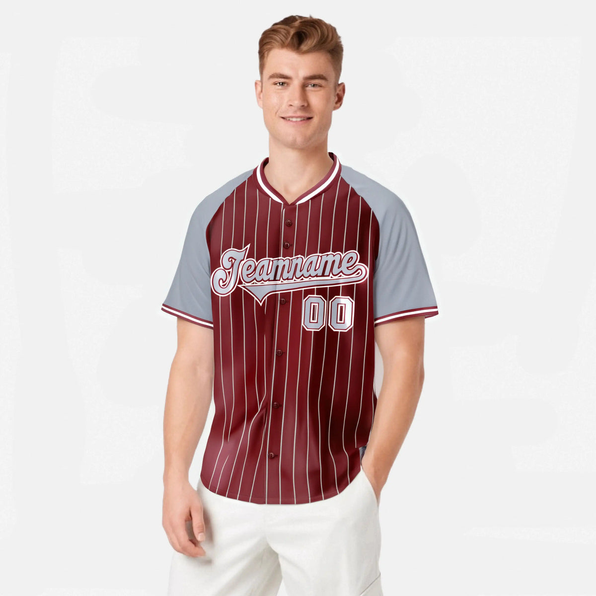 Custom Crimson Gray Pinstripe Authentic Raglan Sleeves Baseball Jersey