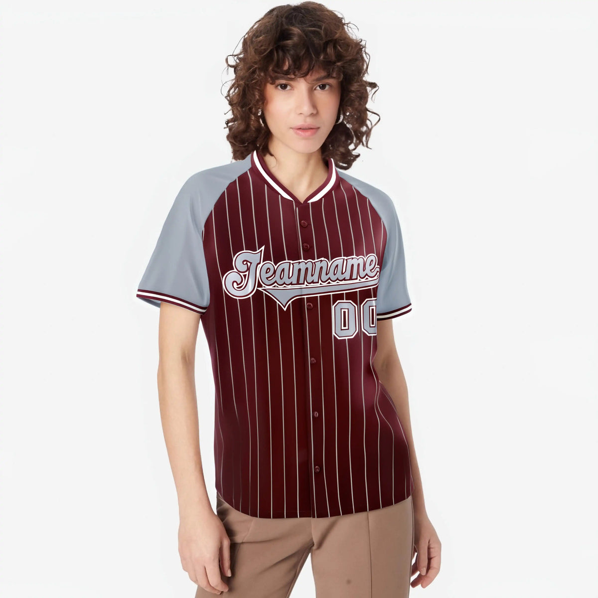 Custom Crimson Gray Pinstripe Authentic Raglan Sleeves Baseball Jersey
