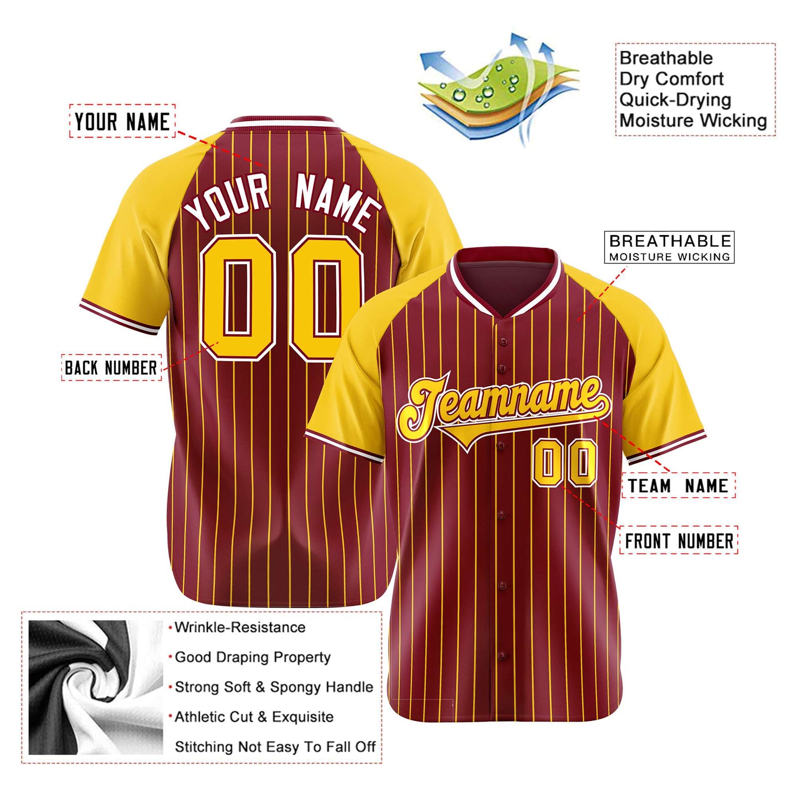 Custom Crimson Gold Pinstripe Authentic Raglan Sleeves Baseball Jersey