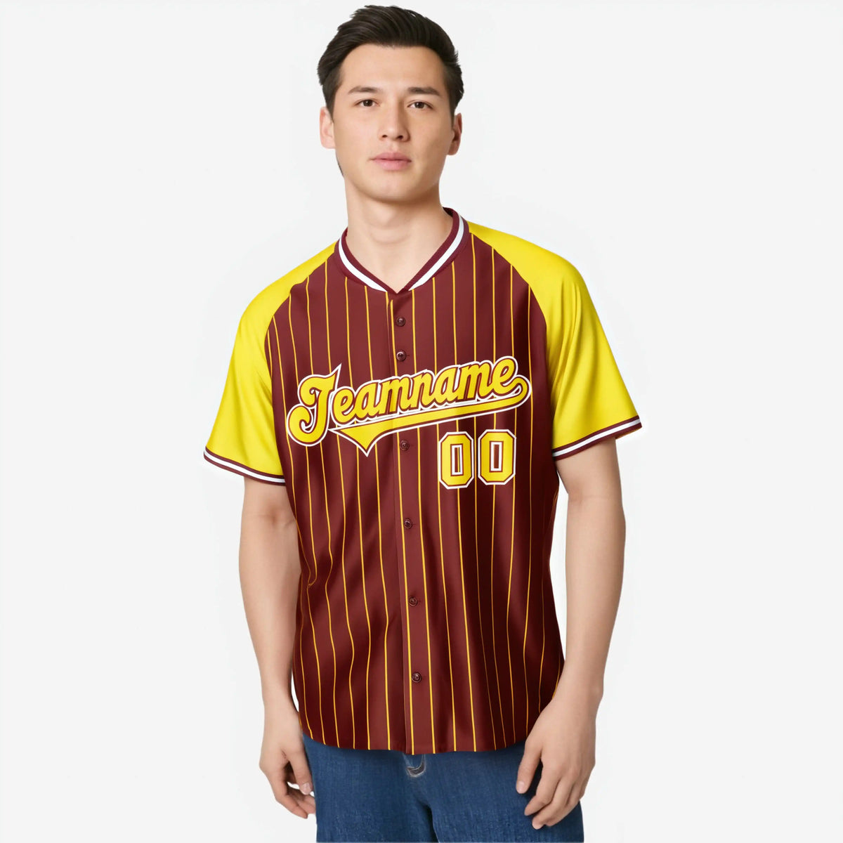Custom Crimson Gold Pinstripe Authentic Raglan Sleeves Baseball Jersey