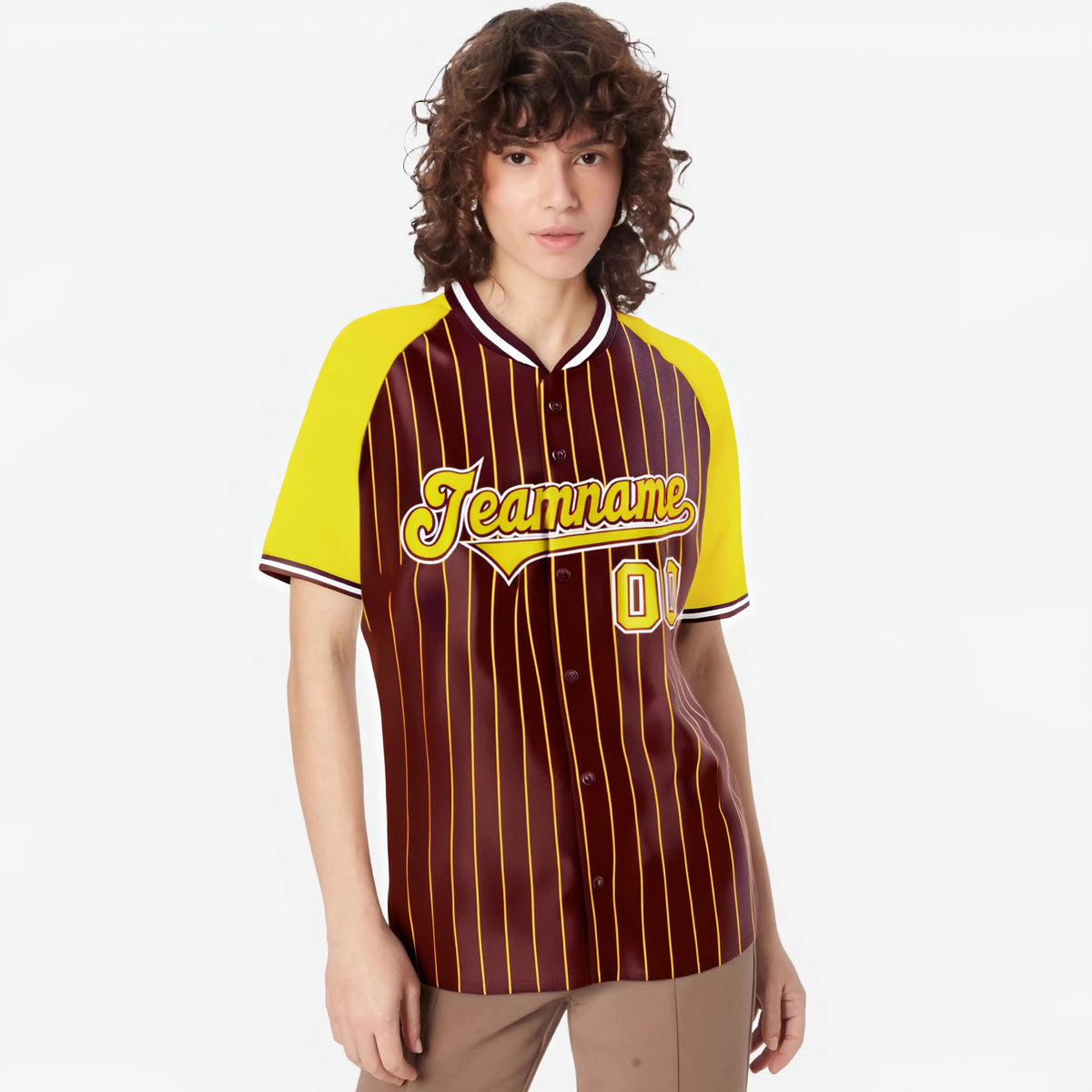Custom Crimson Gold Pinstripe Authentic Raglan Sleeves Baseball Jersey