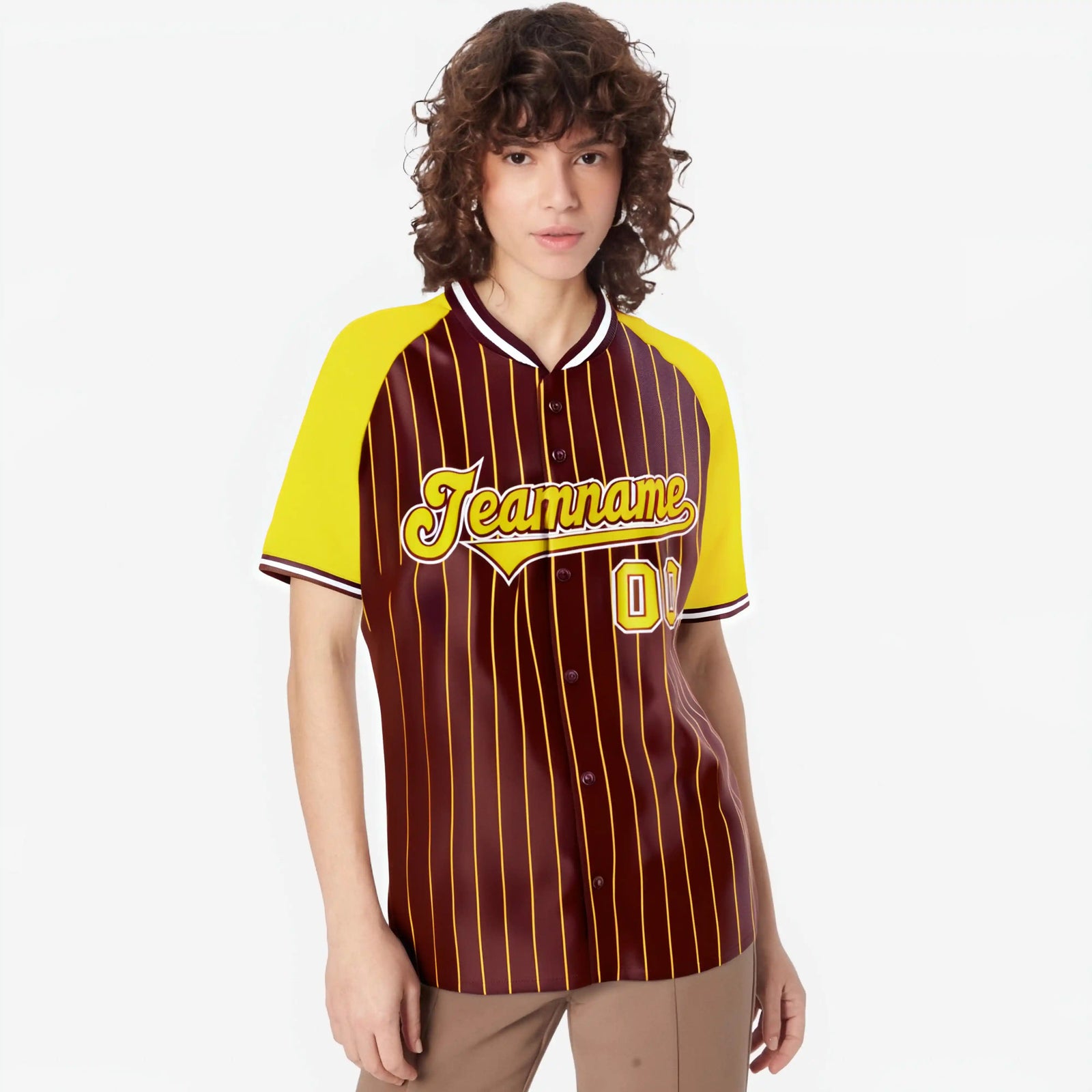 Custom Crimson Gold Pinstripe Authentic Raglan Sleeves Baseball Jersey