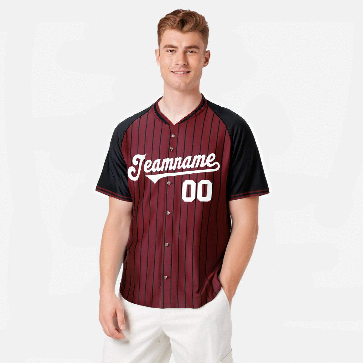 Custom Crimson Black Pinstripe Authentic Raglan Sleeves Baseball Jersey