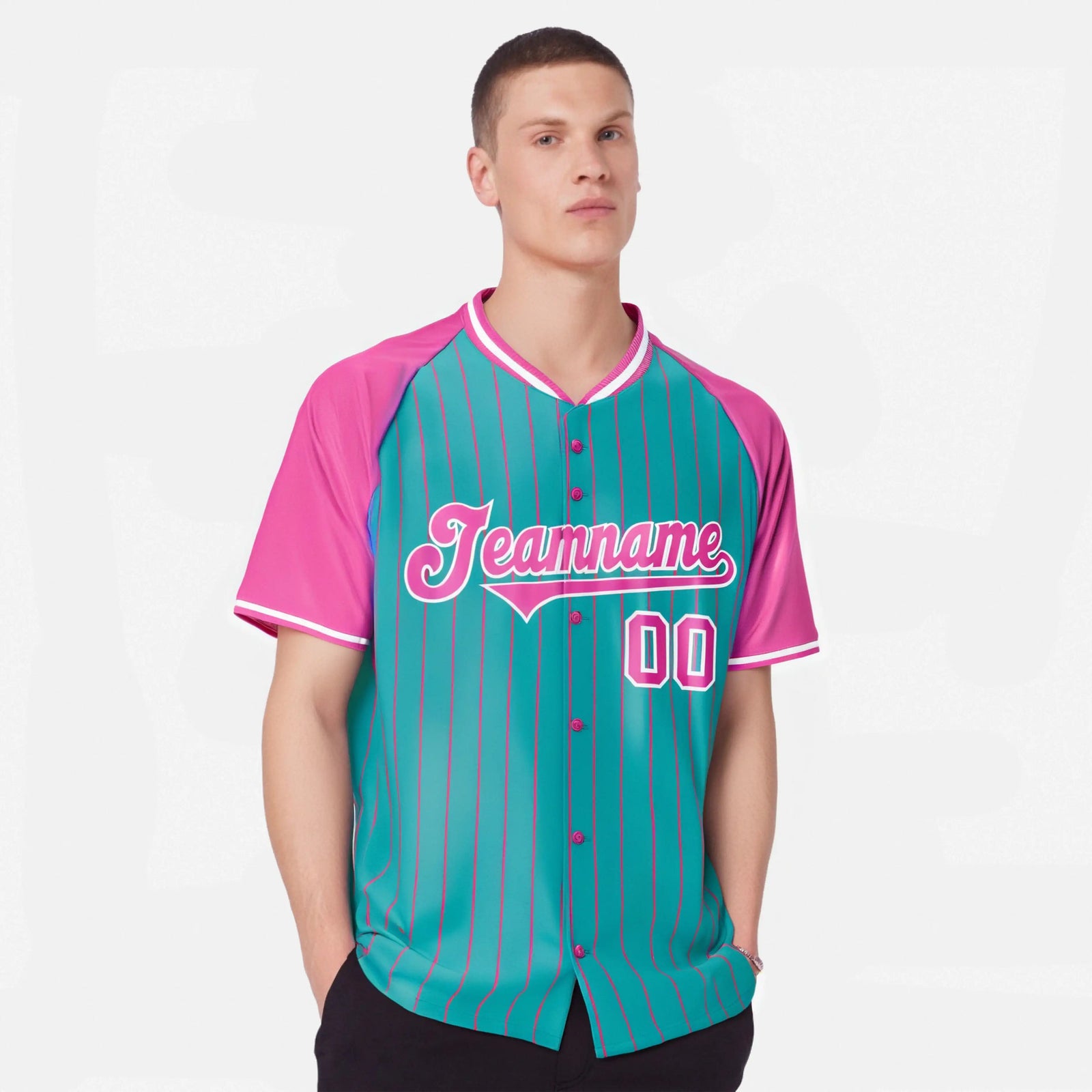 Custom Bright Green-Pink Pinstripe Authentic Raglan Sleeves Baseball Jersey