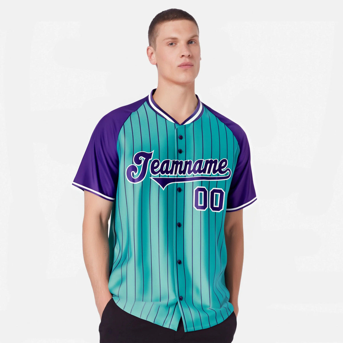 Custom Bright Green-Purple Pinstripe Authentic Raglan Sleeves Baseball Jersey