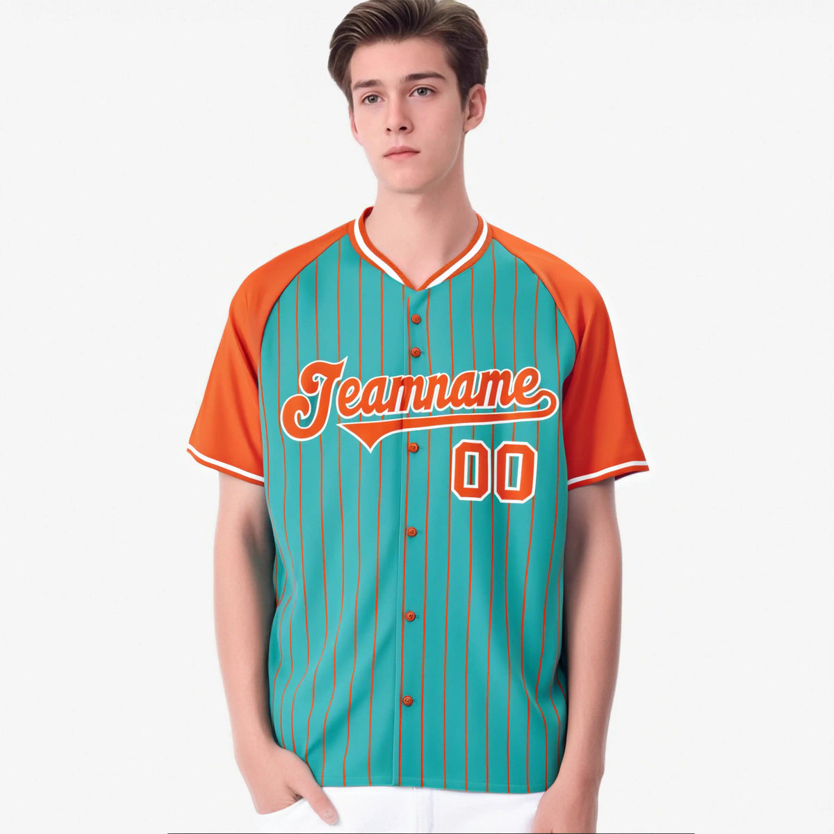 Custom Bright Green-Orange Pinstripe Authentic Raglan Sleeves Baseball Jersey