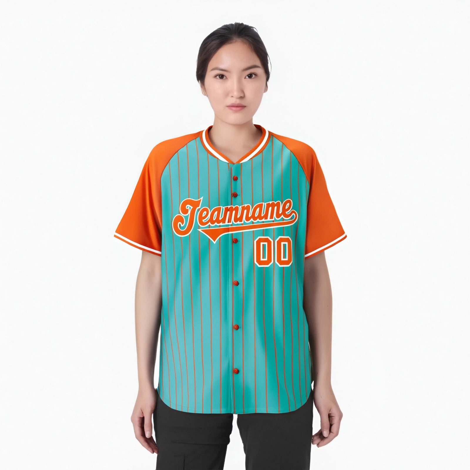 Custom Bright Green-Orange Pinstripe Authentic Raglan Sleeves Baseball Jersey