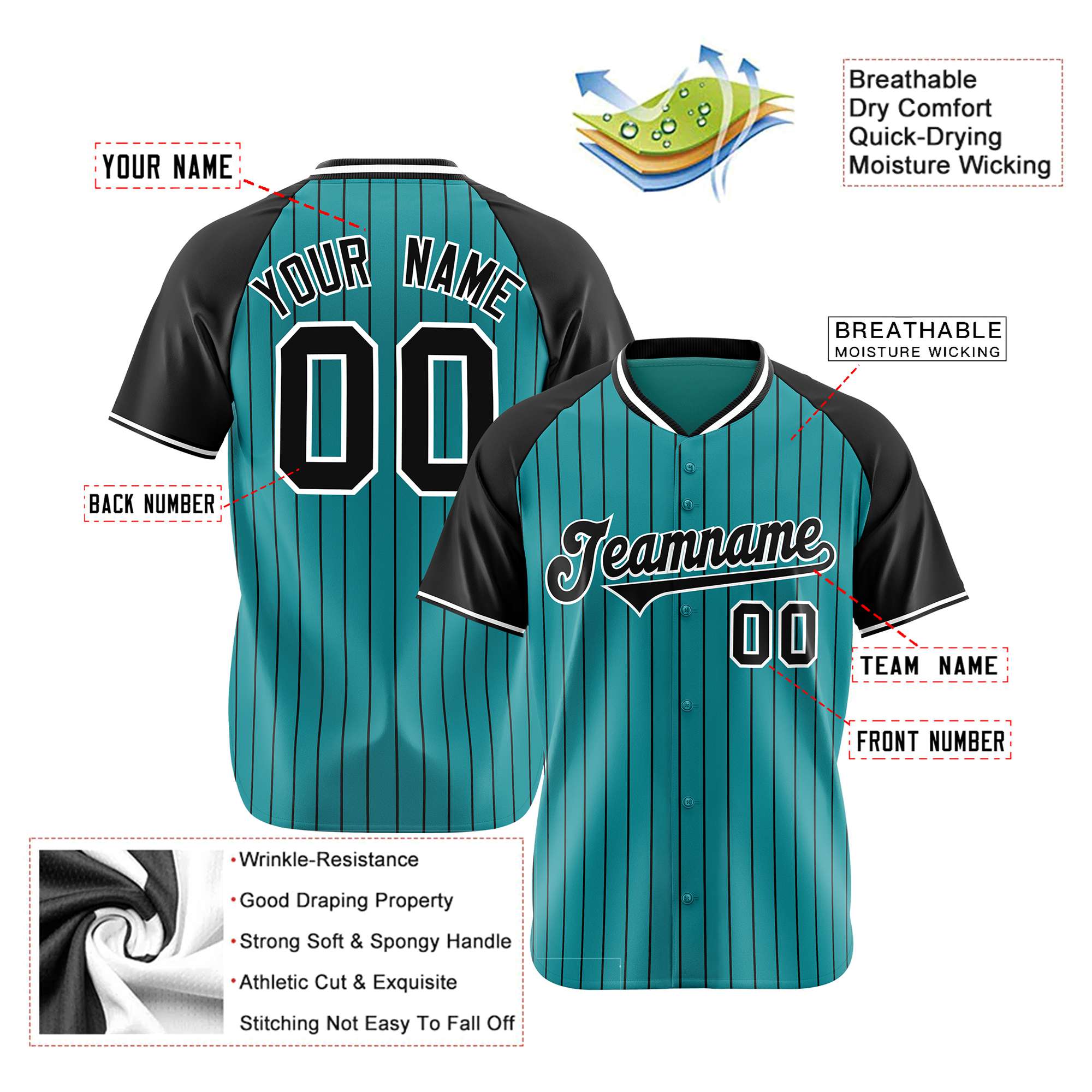 Custom Aqua Black Pinstripe Black-Aqua Authentic Raglan Sleeves Baseball Jersey