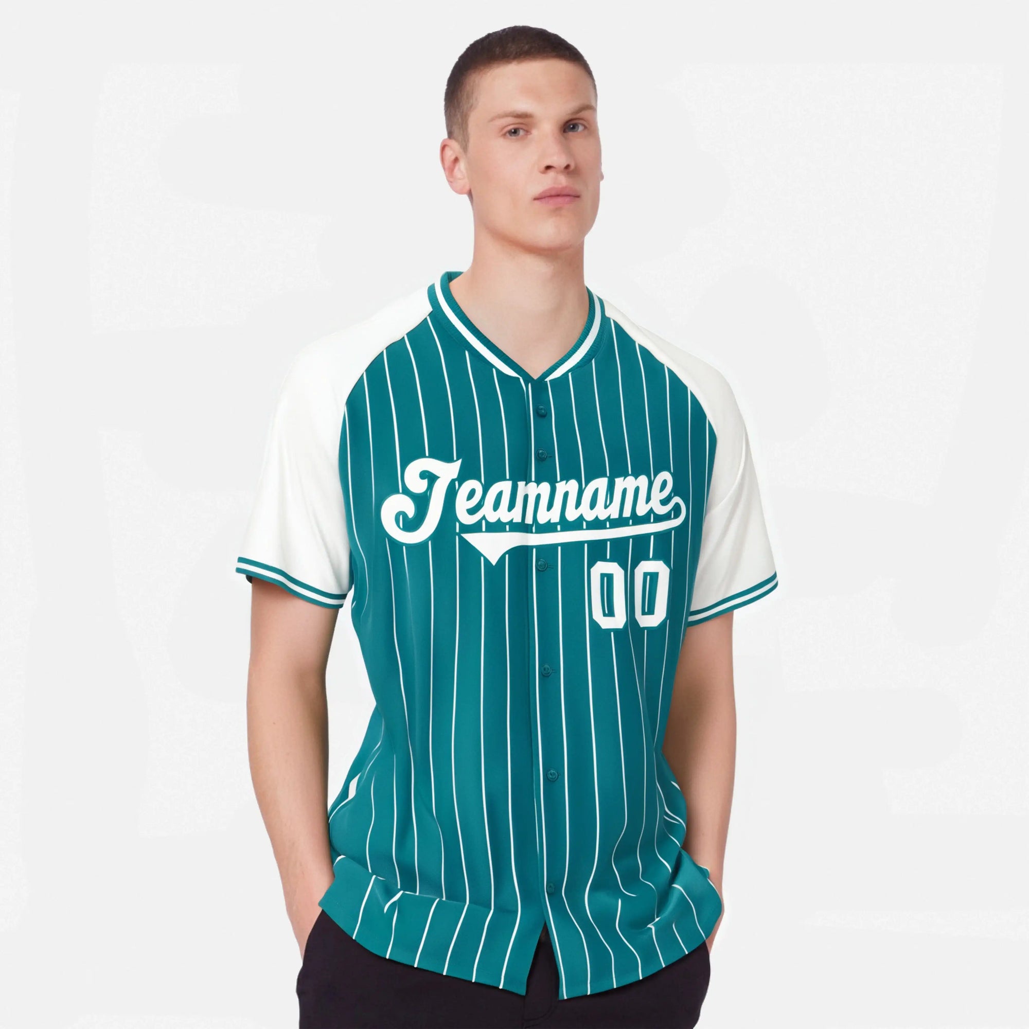 Custom Aqua White Pinstripe White-Aqua Authentic Raglan Sleeves Baseball Jersey