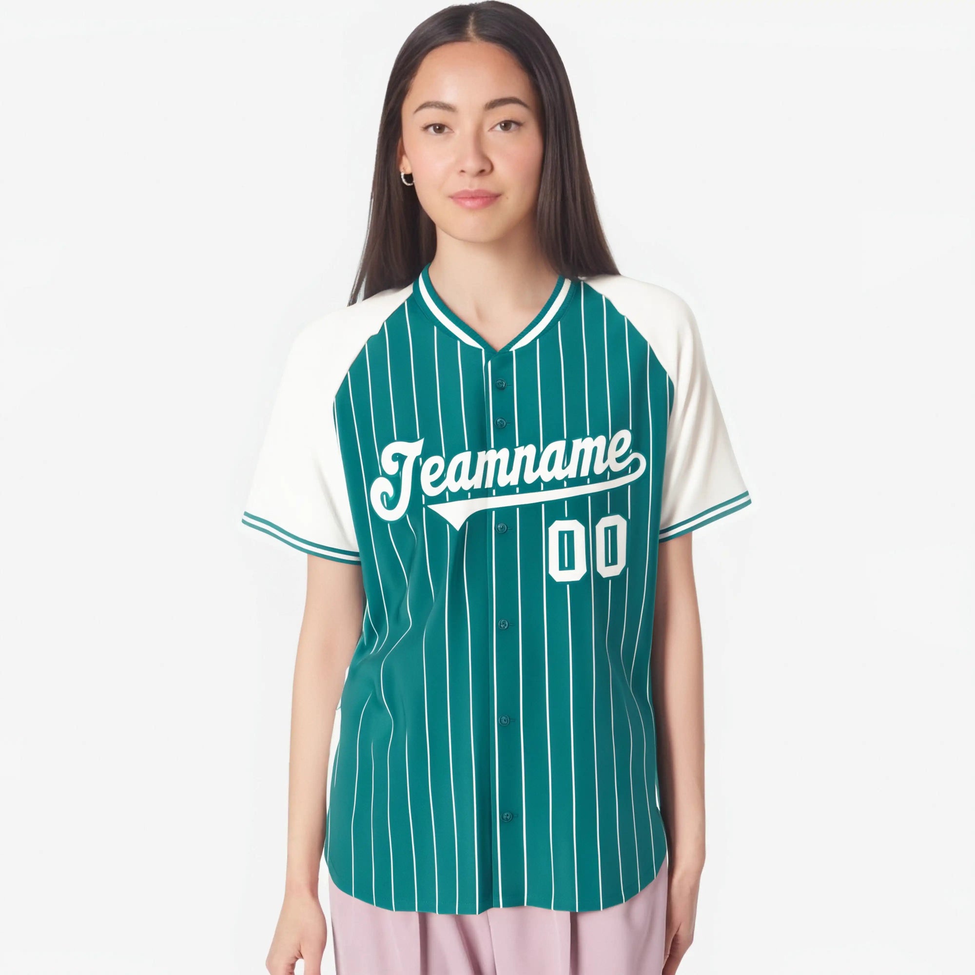 Custom Aqua White Pinstripe White-Aqua Authentic Raglan Sleeves Baseball Jersey