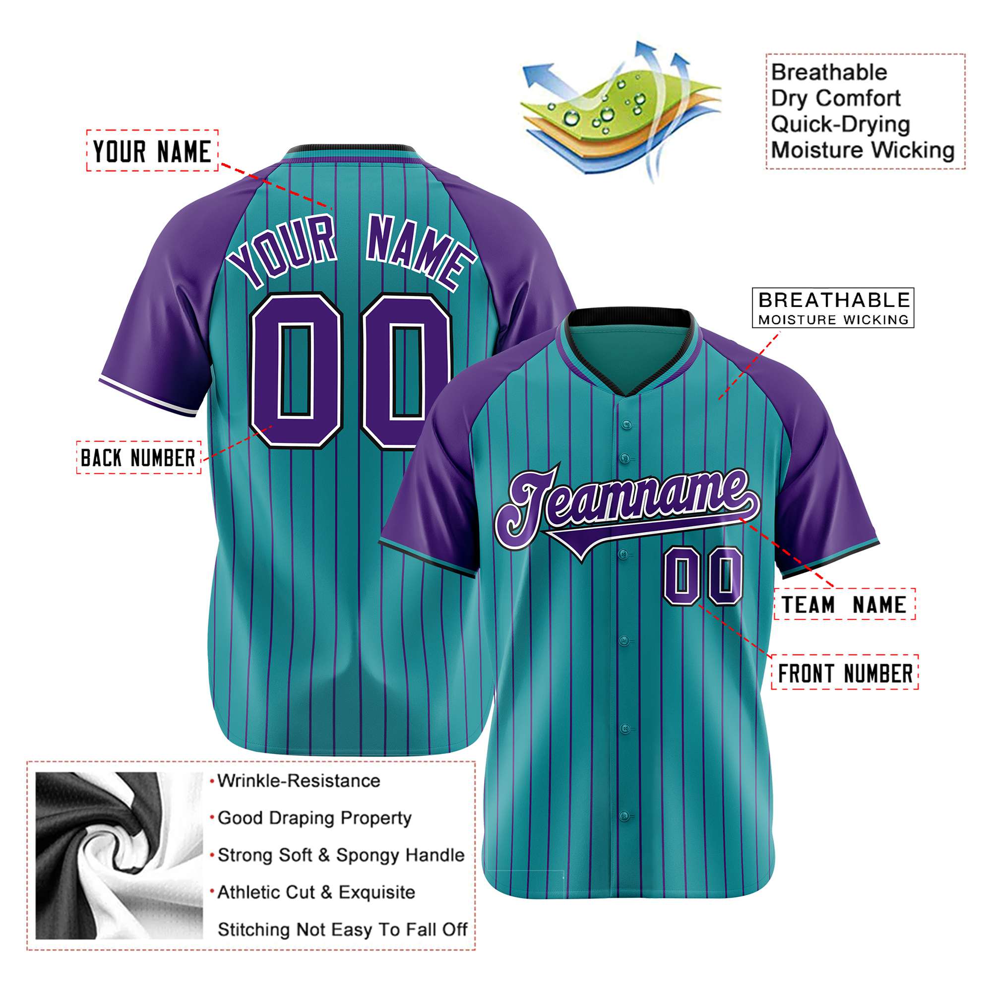 Custom Aqua Purple Pinstripe Purple-Aqua Authentic Raglan Sleeves Baseball Jersey