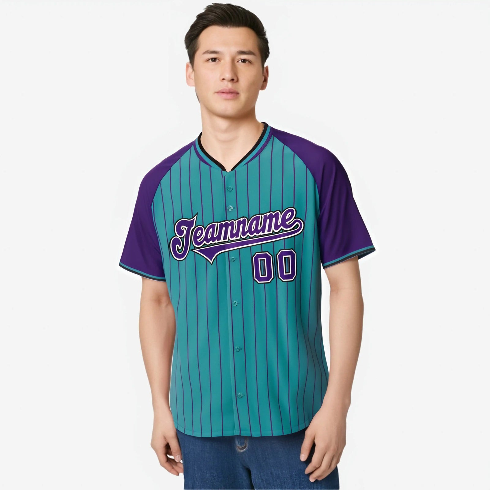 Custom Aqua Purple Pinstripe Purple-Aqua Authentic Raglan Sleeves Baseball Jersey