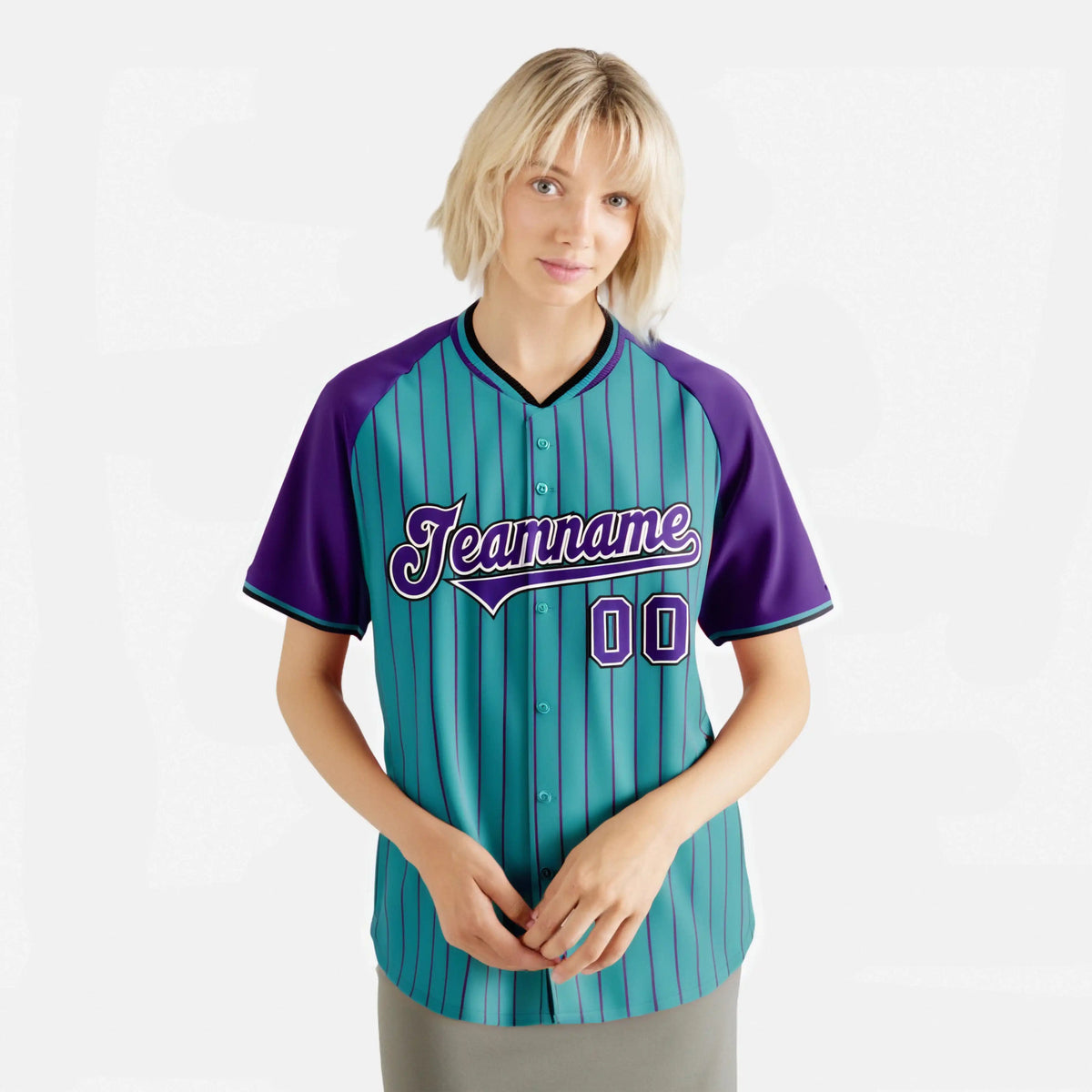 Custom Aqua Purple Pinstripe Purple-Aqua Authentic Raglan Sleeves Baseball Jersey