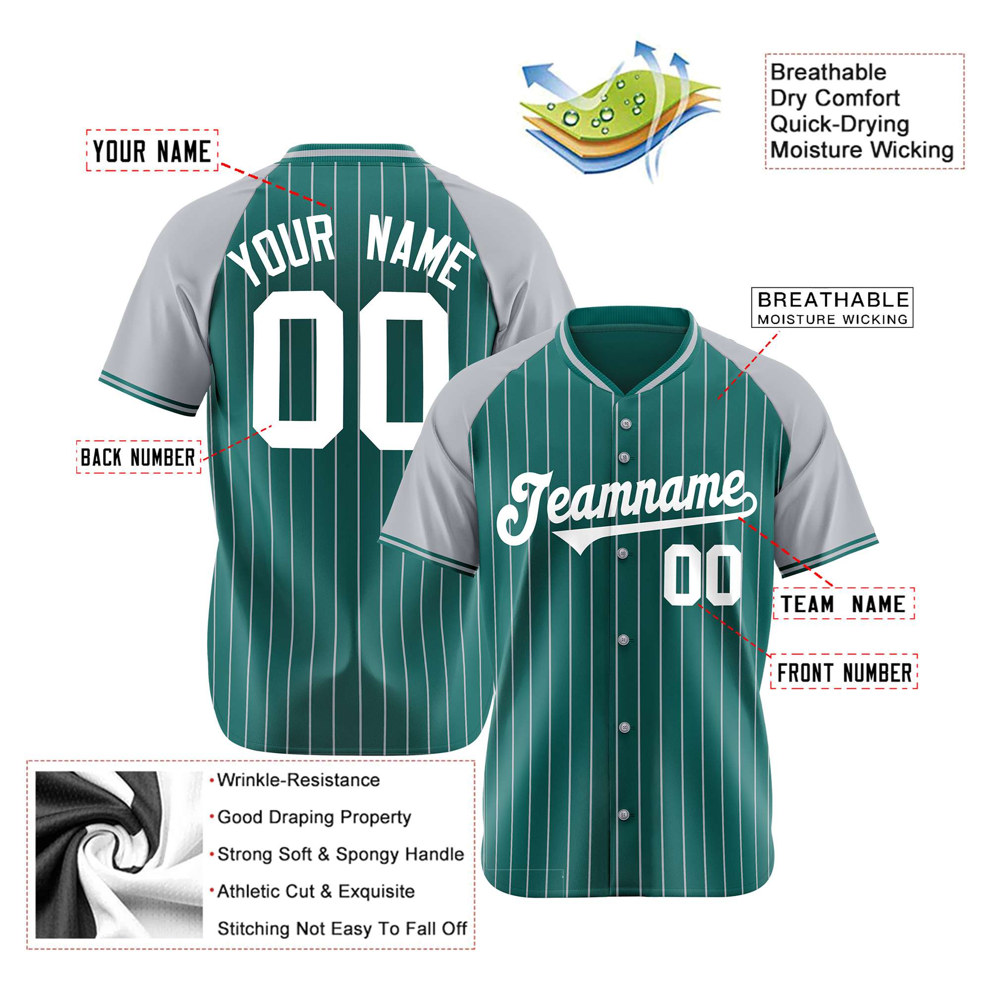 Custom Aqua Gray Pinstripe Gray-Aqua Authentic Raglan Sleeves Baseball Jersey