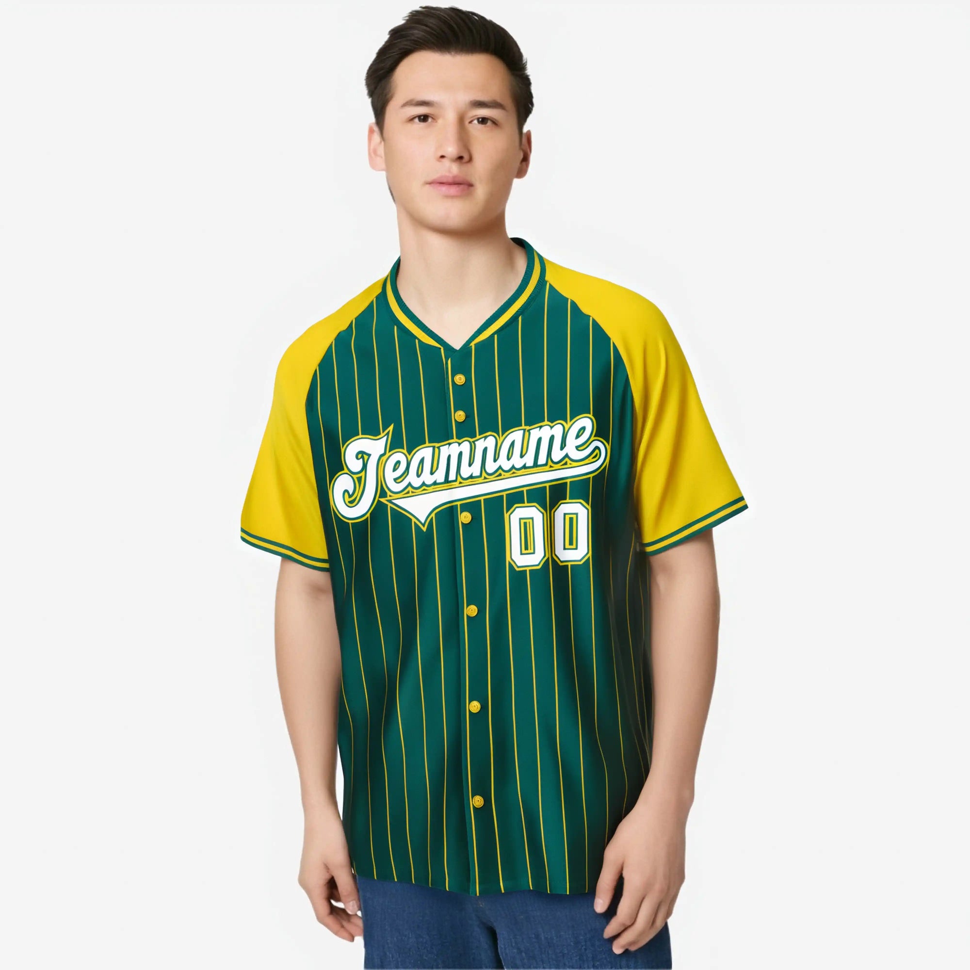 Custom Aqua Gold Pinstripe Authentic Raglan Sleeves Baseball Jersey