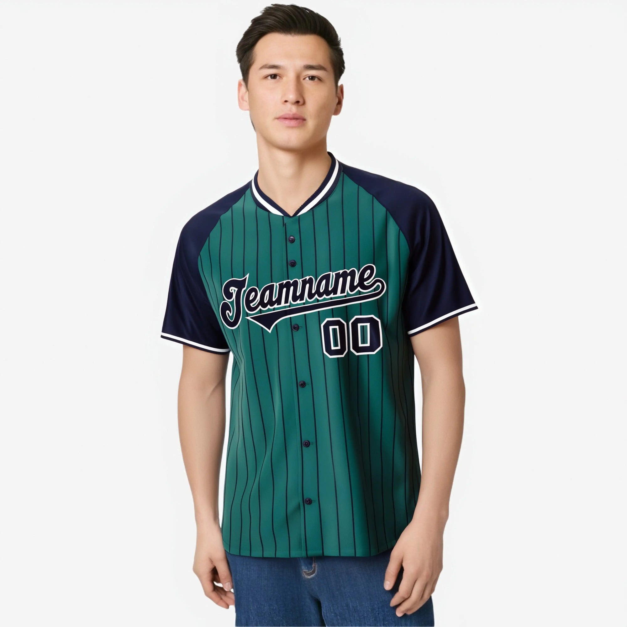 Custom Aqua Navy Pinstripe Authentic Raglan Sleeves Baseball Jersey