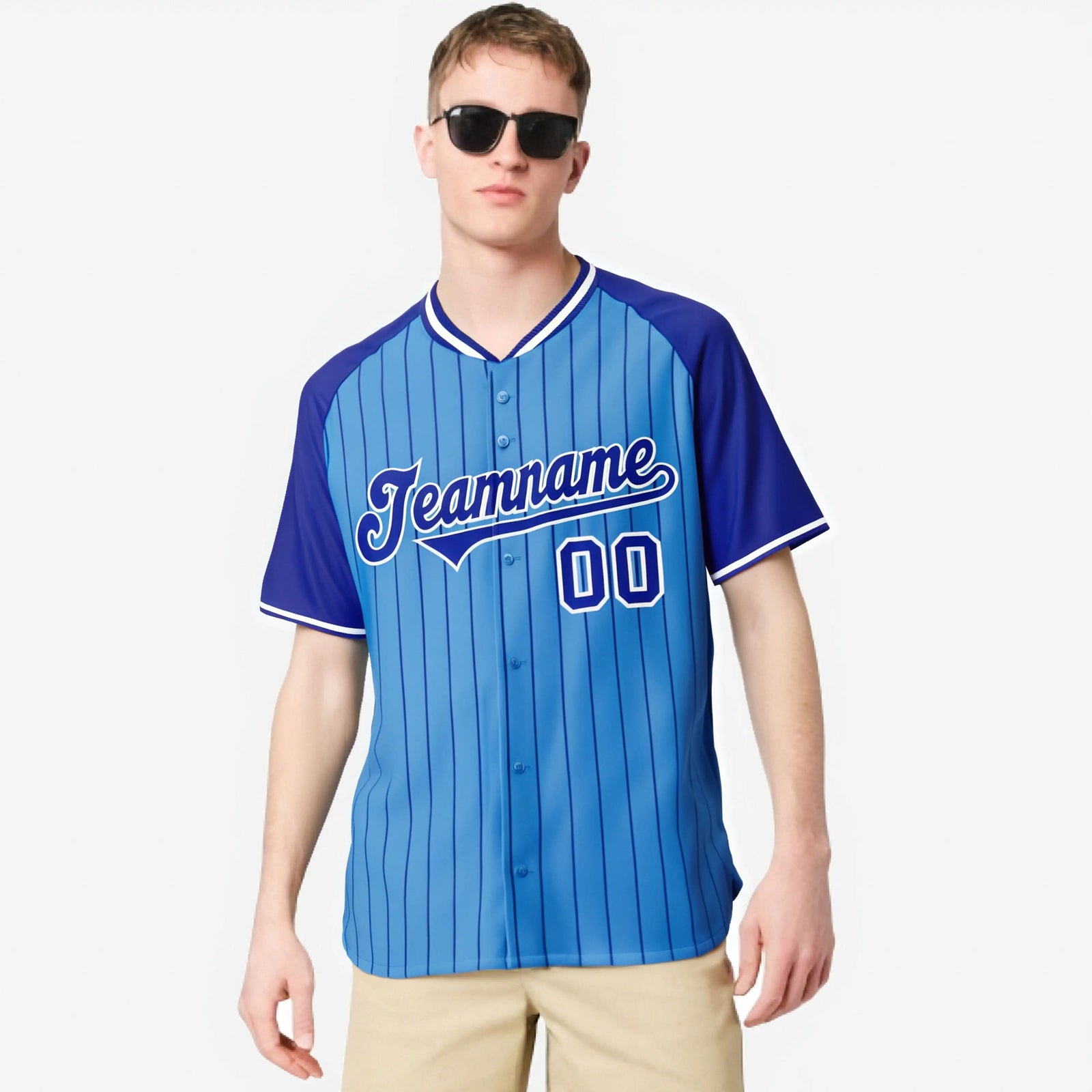 Custom Powder Blue-Royal Blue Pinstripe Authentic Raglan Sleeves Baseball Jersey