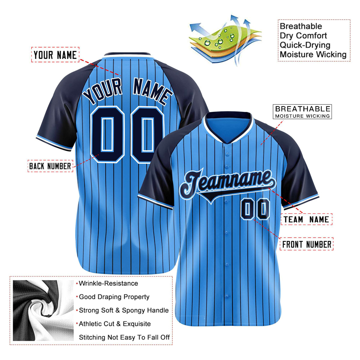 Custom Blue Navy Pinstripe Navy-Blue Authentic Raglan Sleeves Baseball Jersey