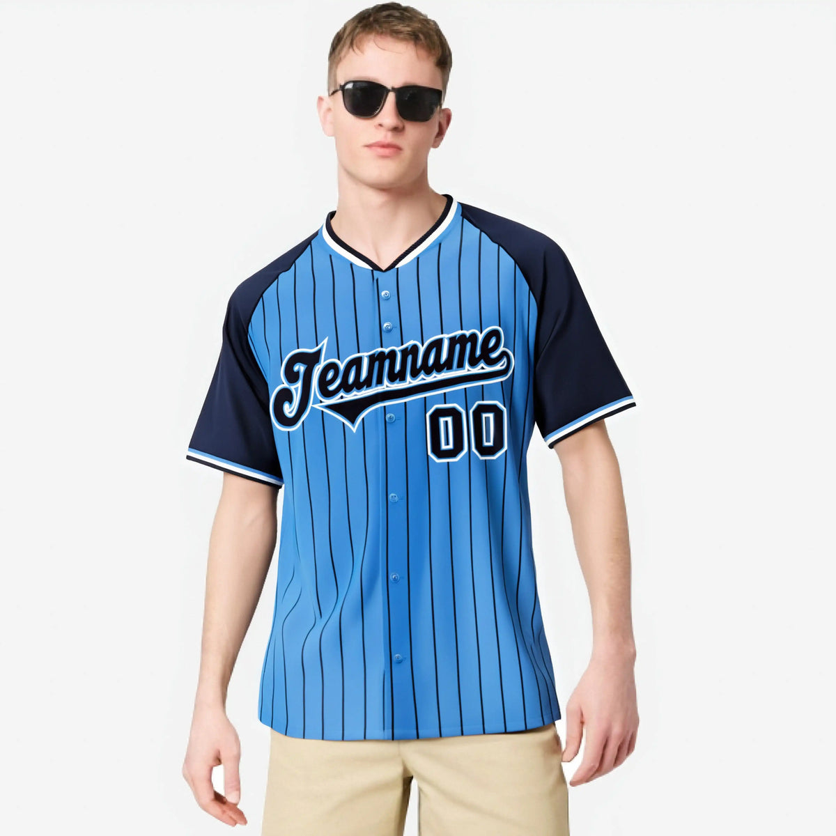Custom Blue Navy Pinstripe Navy-Blue Authentic Raglan Sleeves Baseball Jersey