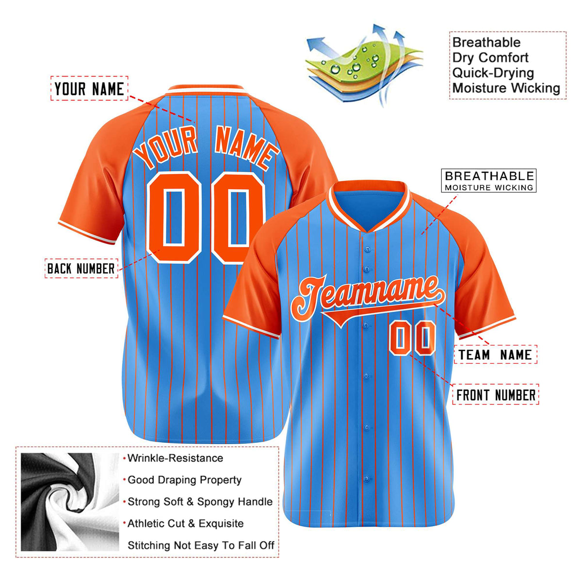 Custom Blue Orange Pinstripe Orange-Blue Authentic Raglan Sleeves Baseball Jersey
