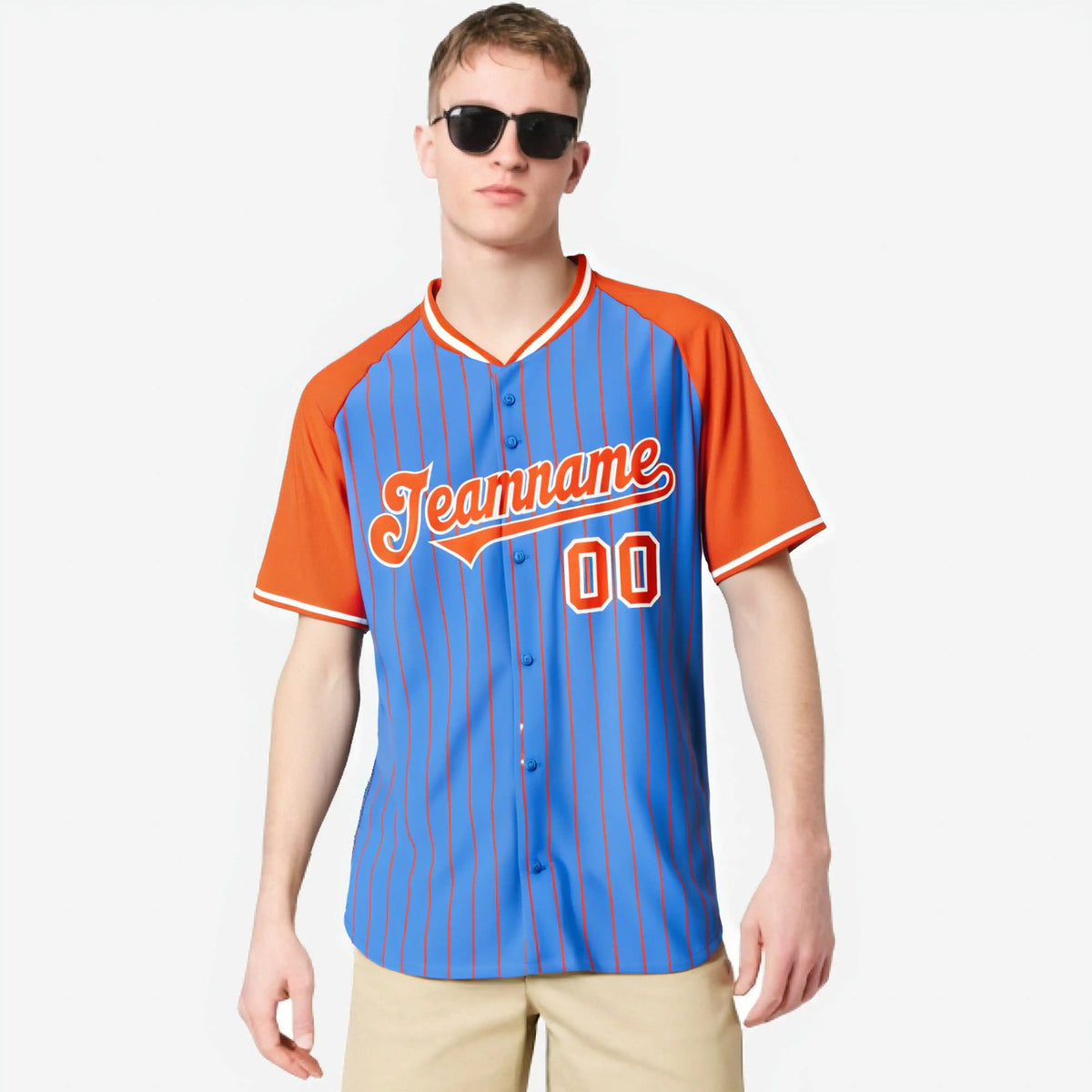 Custom Blue Orange Pinstripe Orange-Blue Authentic Raglan Sleeves Baseball Jersey