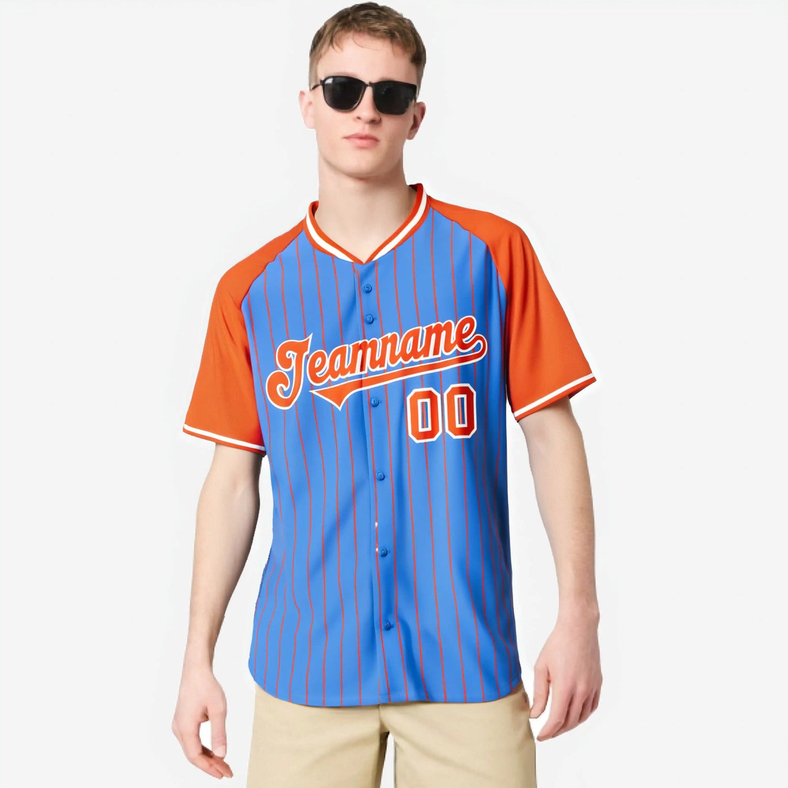 Custom Blue Orange Pinstripe Orange-Blue Authentic Raglan Sleeves Baseball Jersey