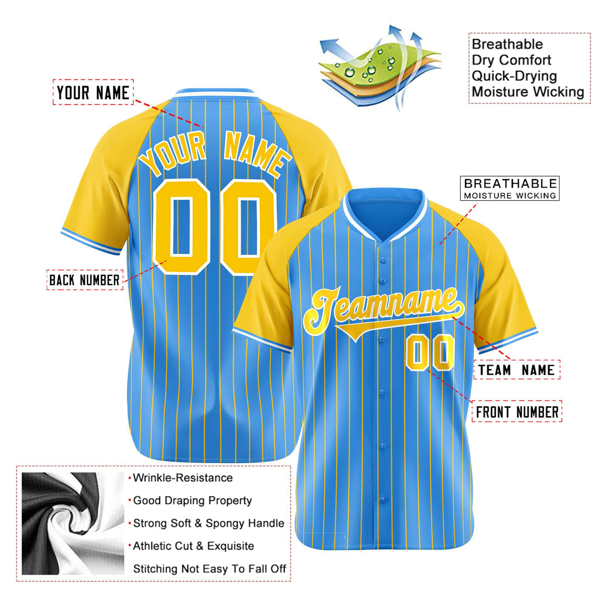 Custom Blue Yellow Pinstripe Yellow-Blue Authentic Raglan Sleeves Baseball Jersey