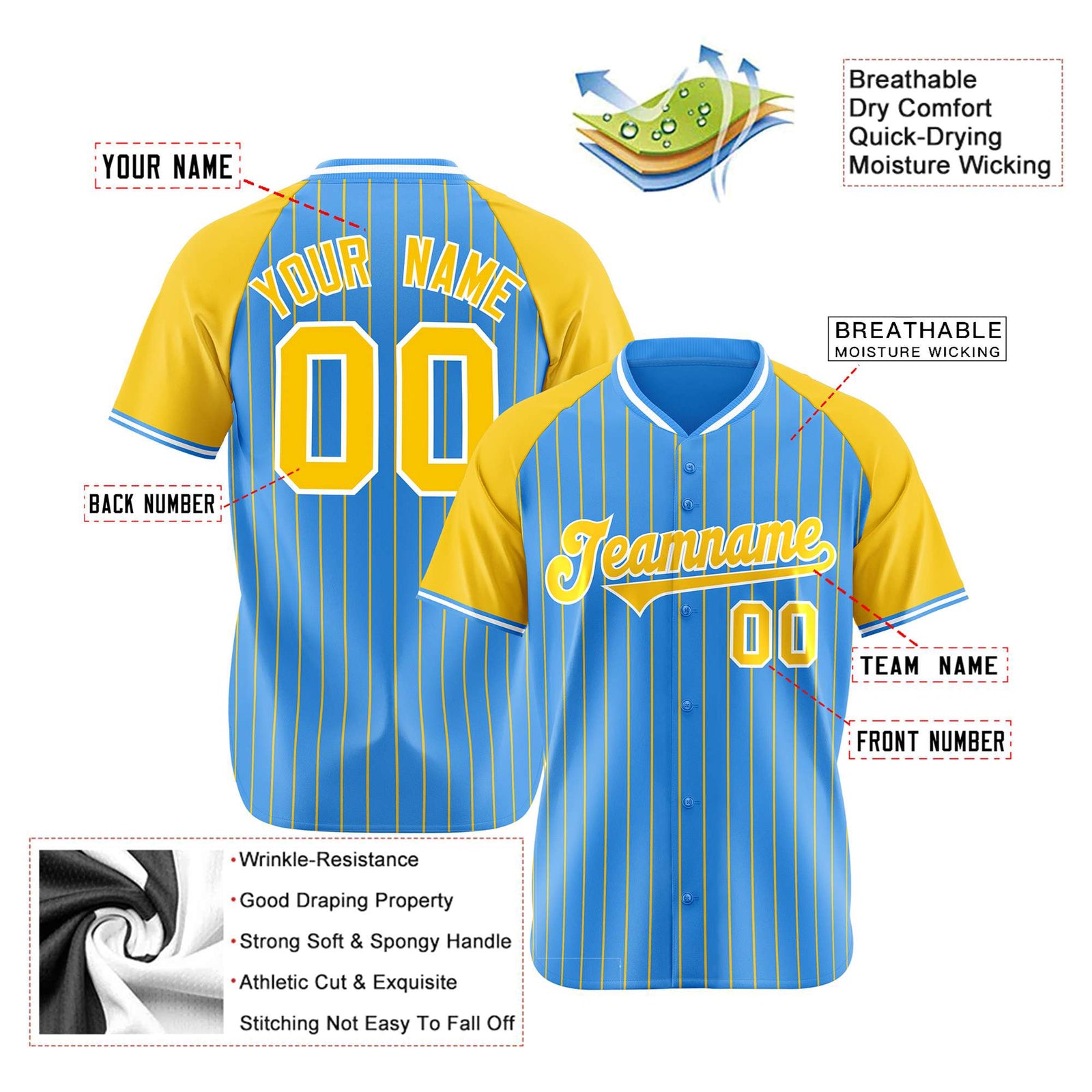 Custom Blue Yellow Pinstripe Yellow-Blue Authentic Raglan Sleeves Baseball Jersey