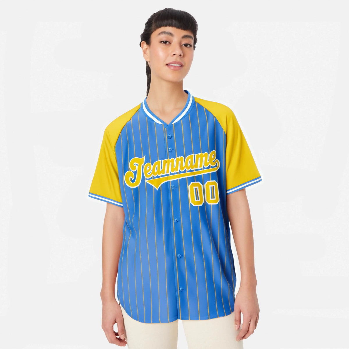 Custom Blue Yellow Pinstripe Yellow-Blue Authentic Raglan Sleeves Baseball Jersey