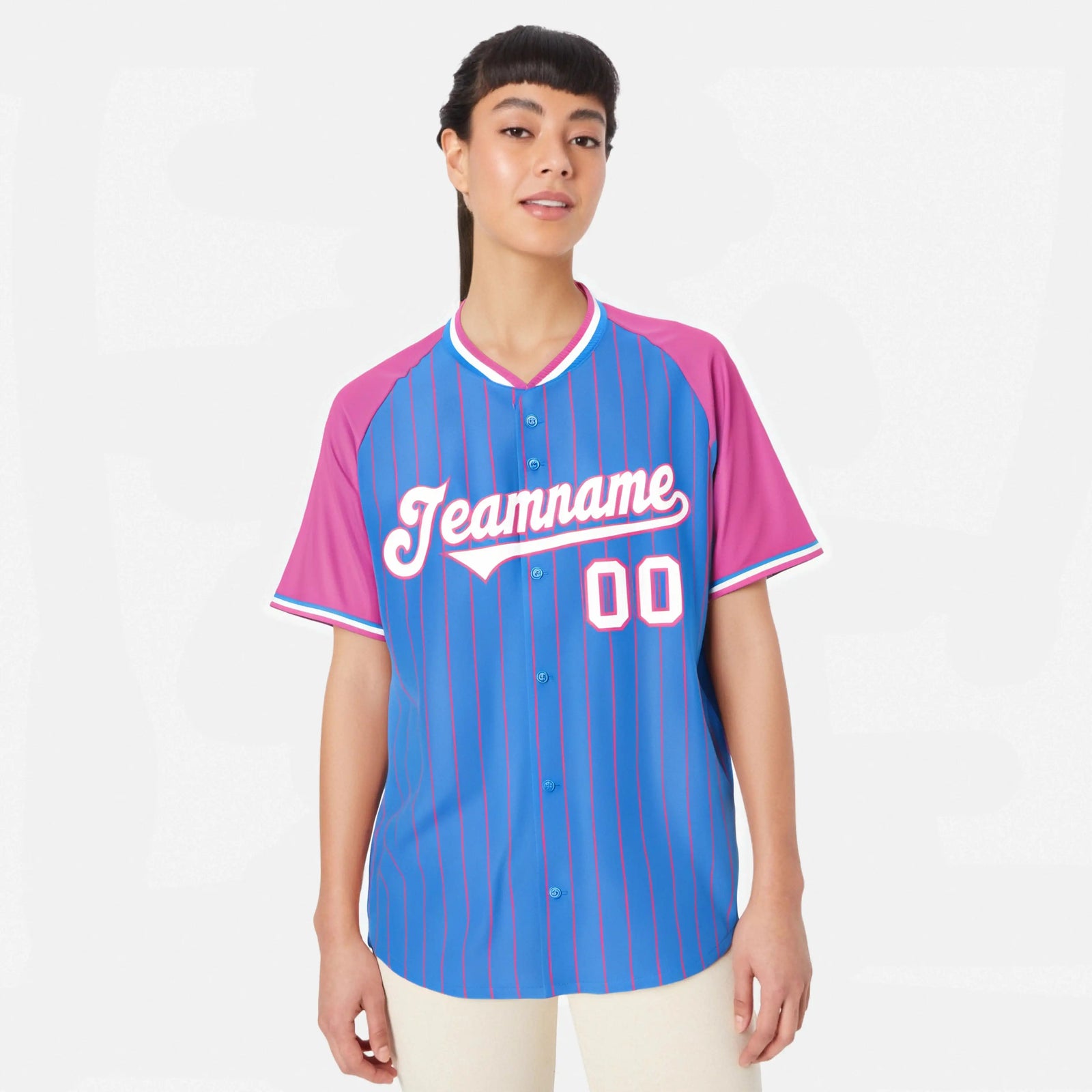 Custom Blue Pink Pinstripe Pink-Blue Authentic Raglan Sleeves Baseball Jersey