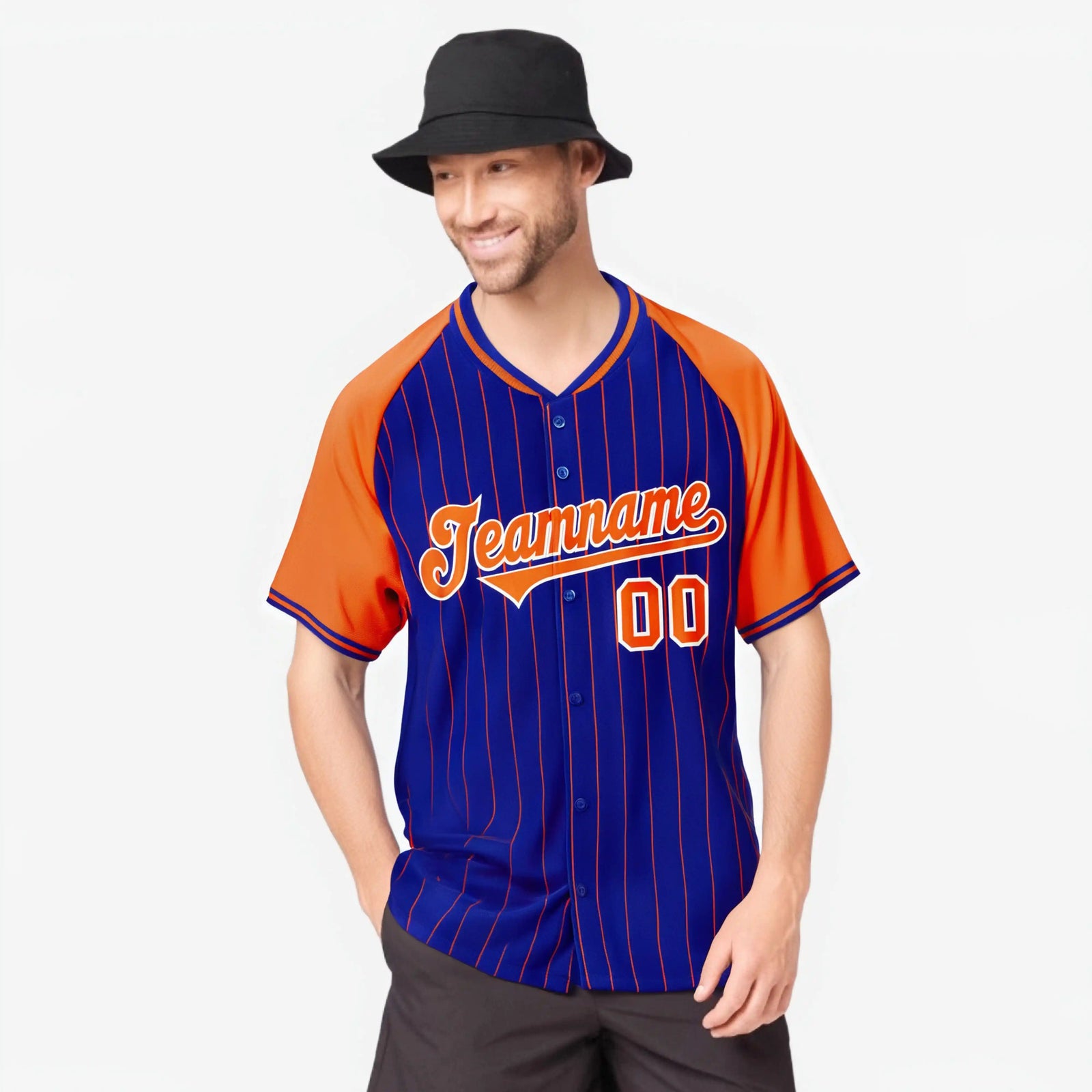 Custom Royal Blue-Orange Pinstripe Authentic Raglan Sleeves Baseball Jersey