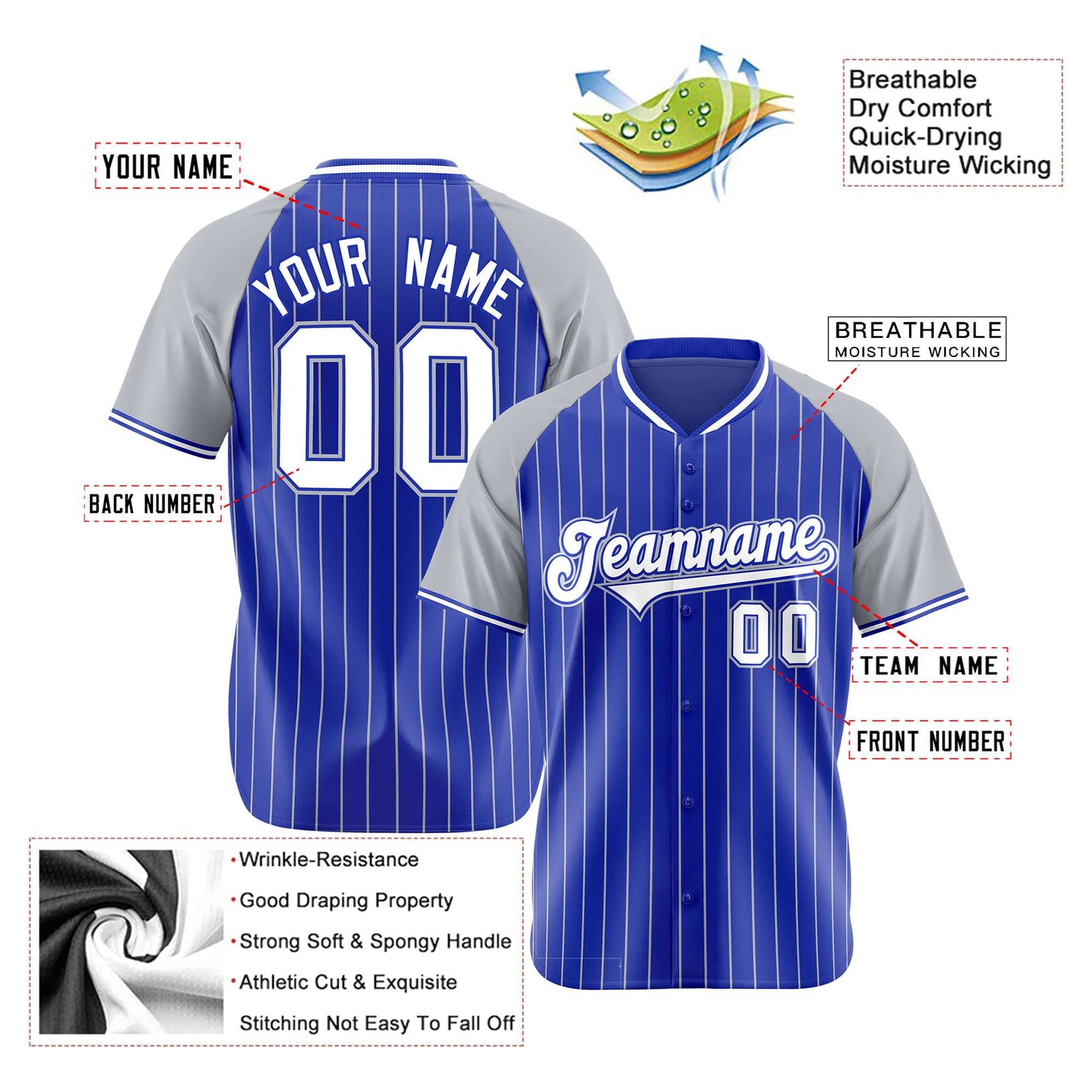 Custom Royal Blue-Gray Pinstripe Authentic Raglan Sleeves Baseball Jersey