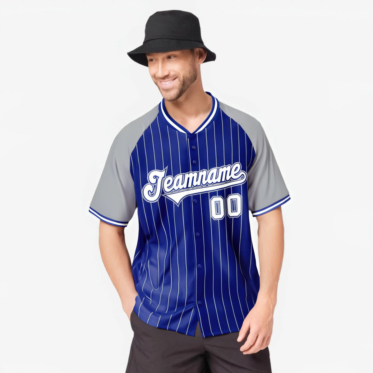 Custom Royal Blue-Gray Pinstripe Authentic Raglan Sleeves Baseball Jersey