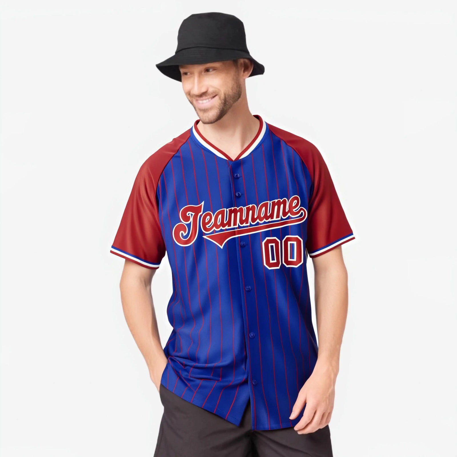 Custom Royal Blue-Red Pinstripe Authentic Raglan Sleeves Baseball Jersey