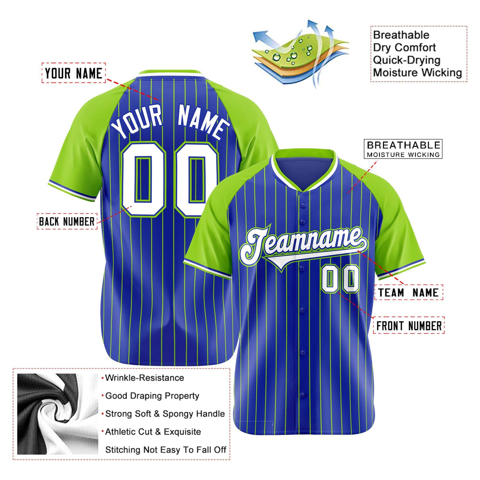 Custom Royal Blue-Green Pinstripe Authentic Raglan Sleeves Baseball Jersey