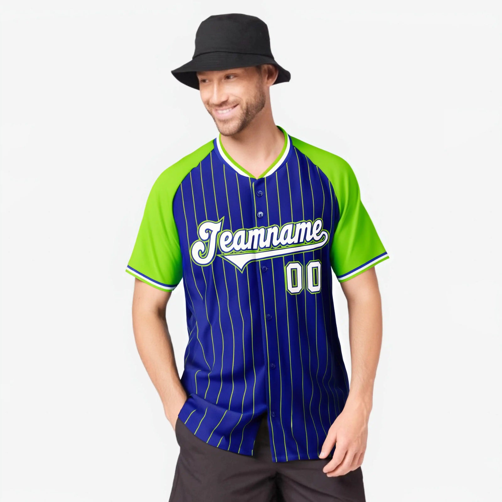 Custom Royal Blue-Green Pinstripe Authentic Raglan Sleeves Baseball Jersey