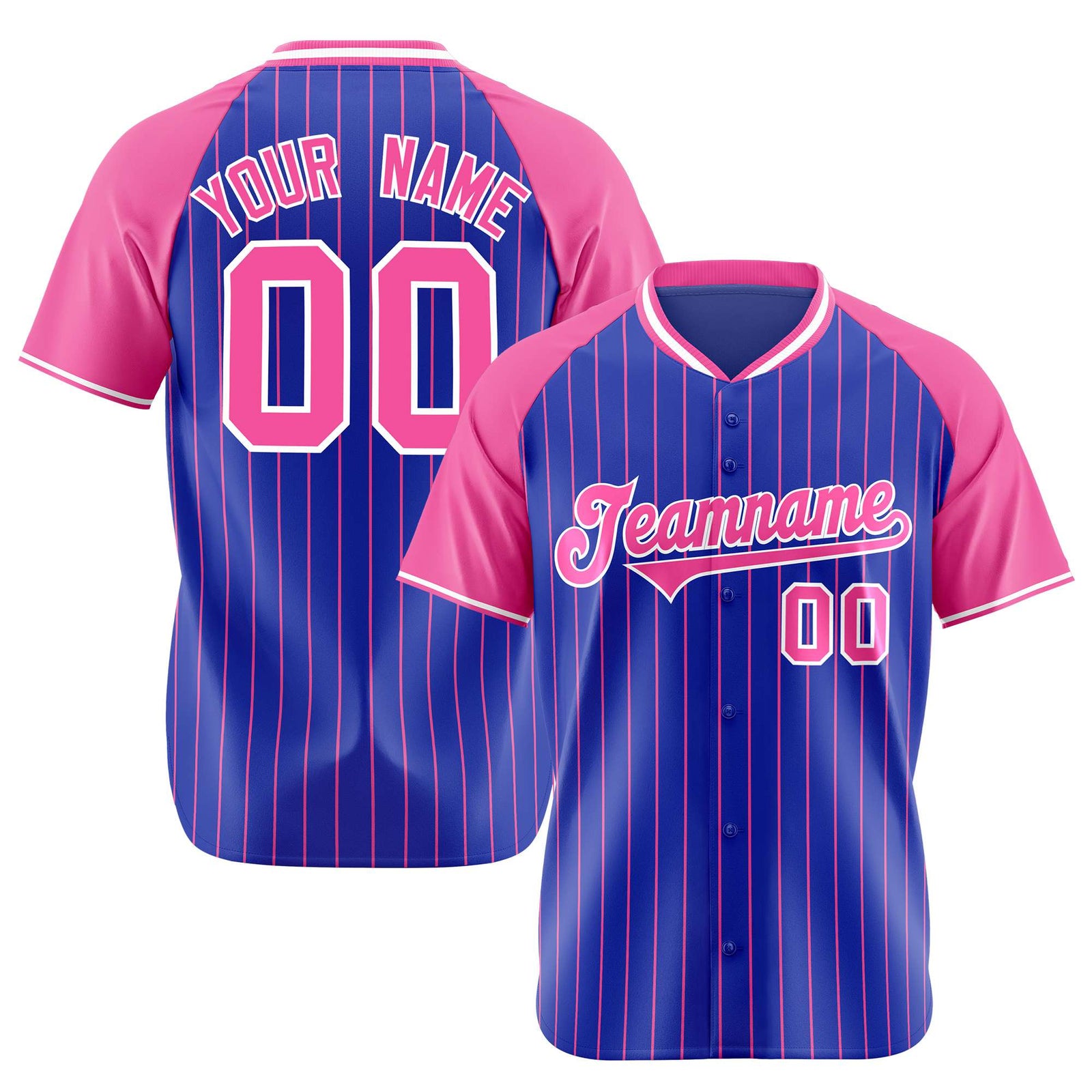 Custom Royal Blue-Pink Pinstripe Authentic Raglan Sleeves Baseball Jersey