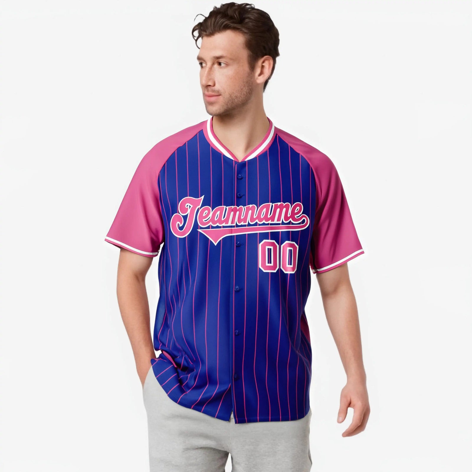 Custom Royal Blue-Pink Pinstripe Authentic Raglan Sleeves Baseball Jersey