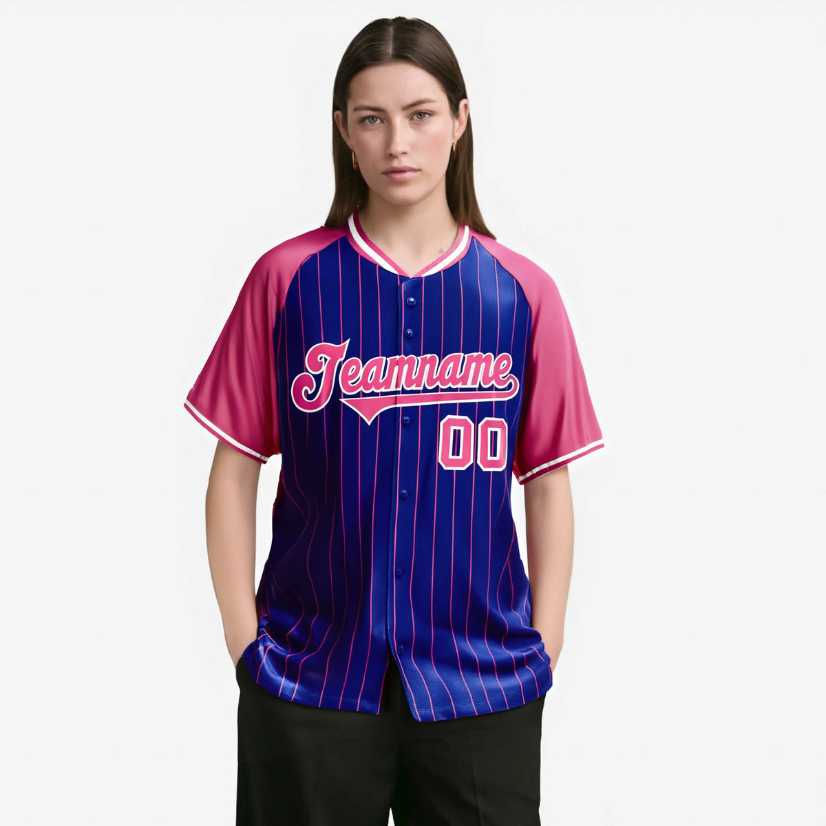 Custom Royal Blue-Pink Pinstripe Authentic Raglan Sleeves Baseball Jersey