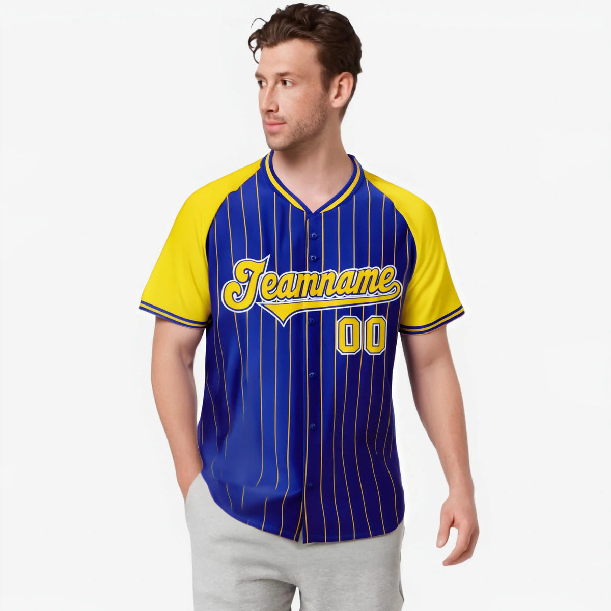 Custom Royal Blue-Gold Pinstripe Authentic Raglan Sleeves Baseball Jersey