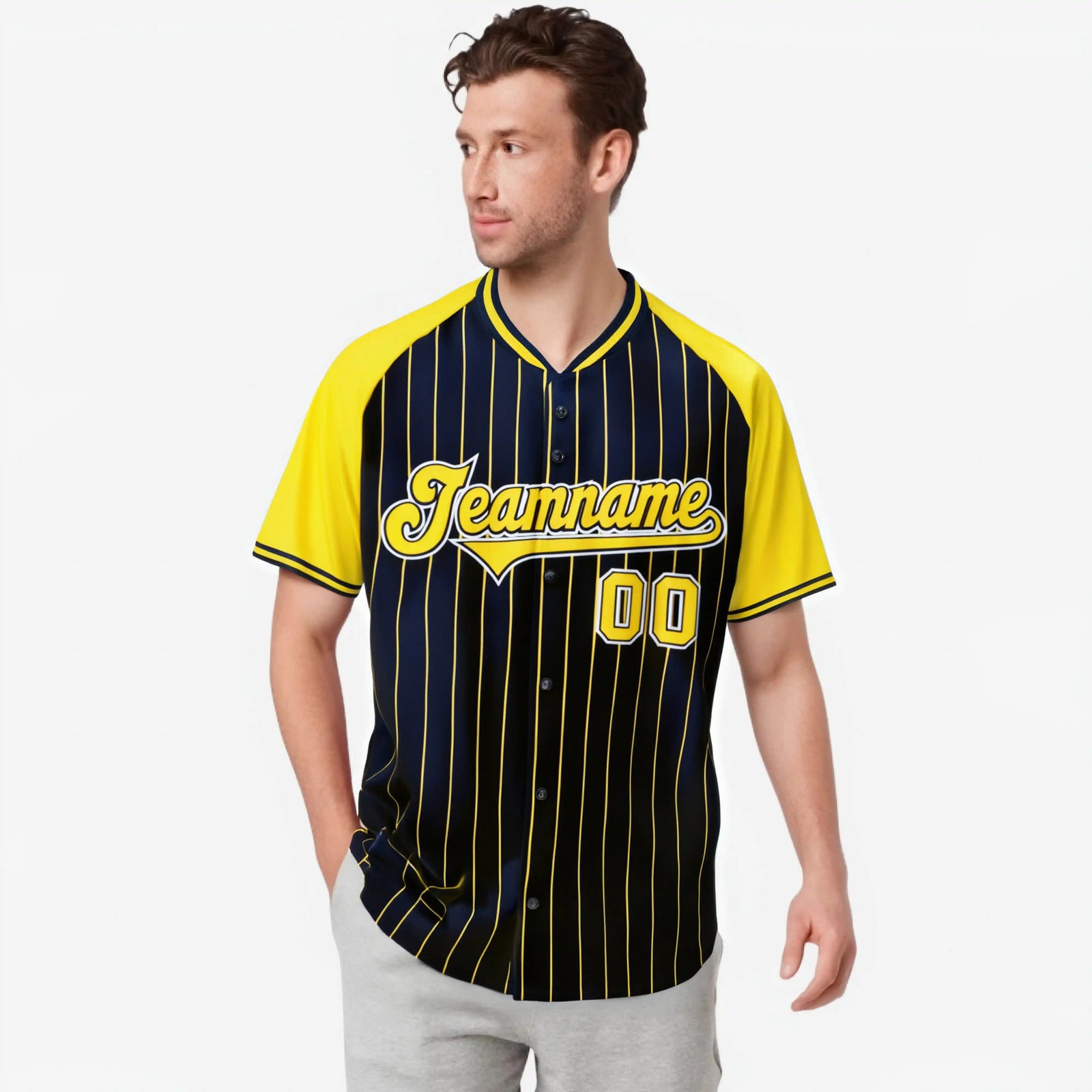 Custom Navy Yellow Pinstripe Yellow-Navy Authentic Raglan Sleeves Baseball Jersey
