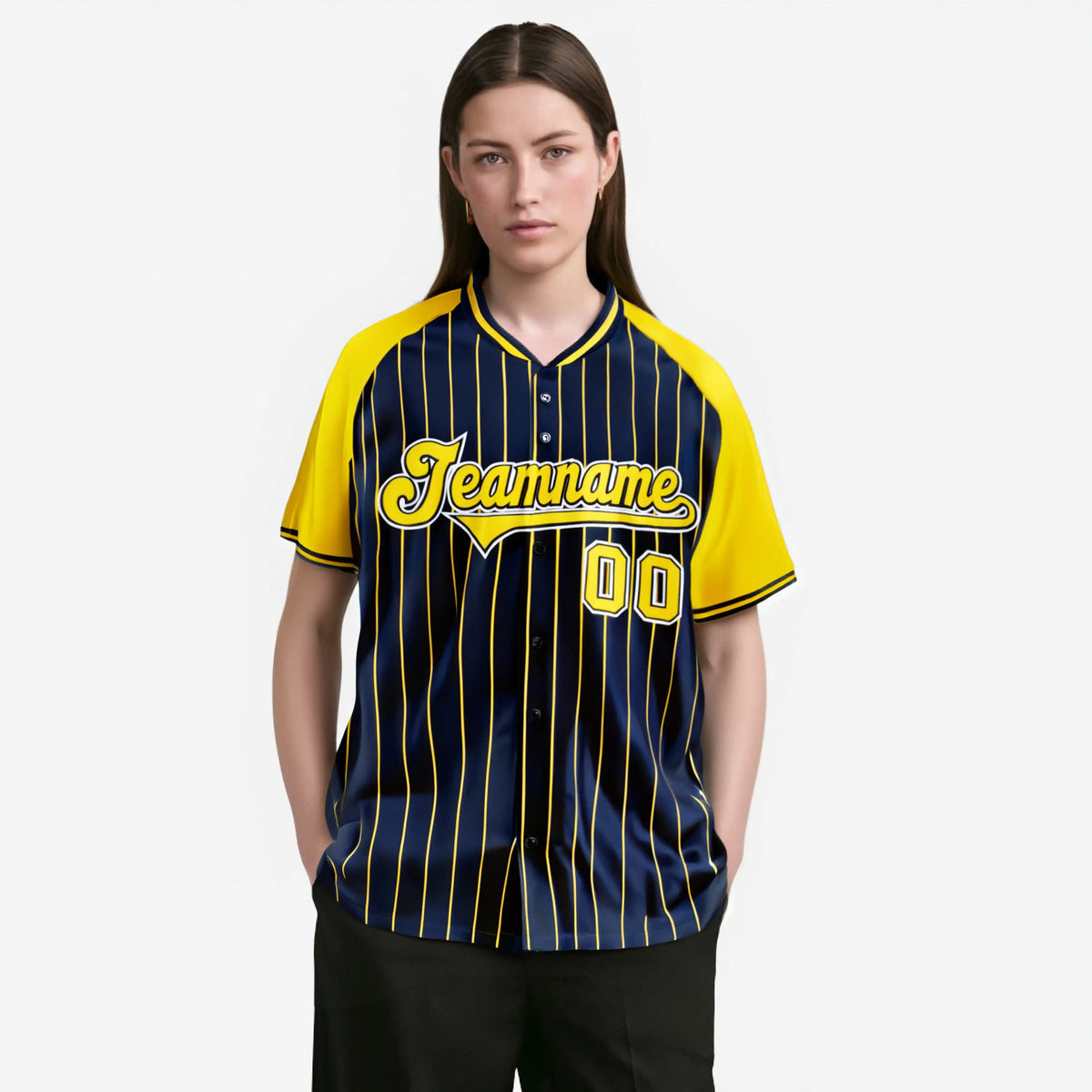 Custom Navy Yellow Pinstripe Yellow-Navy Authentic Raglan Sleeves Baseball Jersey