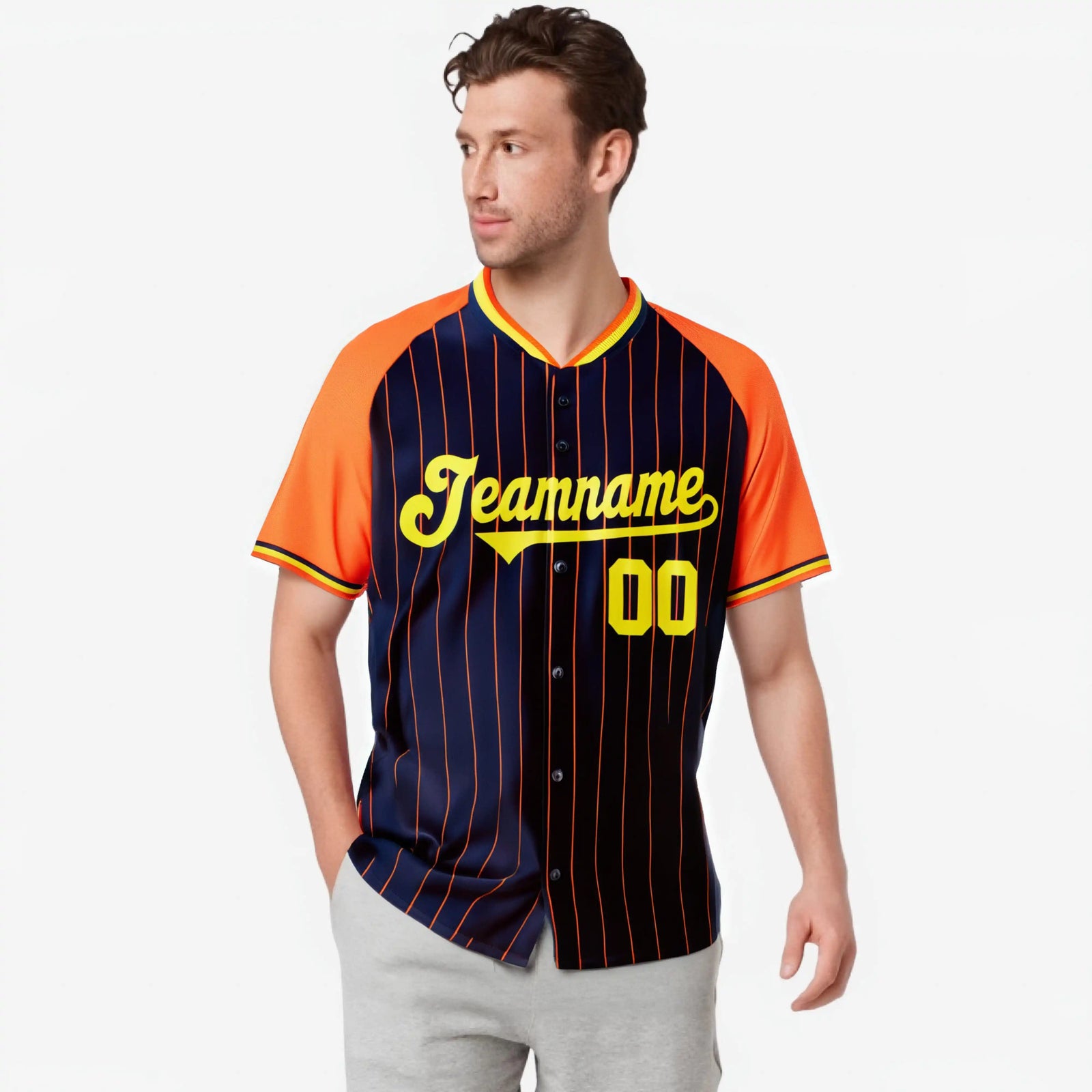 Custom Navy Orange Pinstripe Orange-Navy Authentic Raglan Sleeves Baseball Jersey