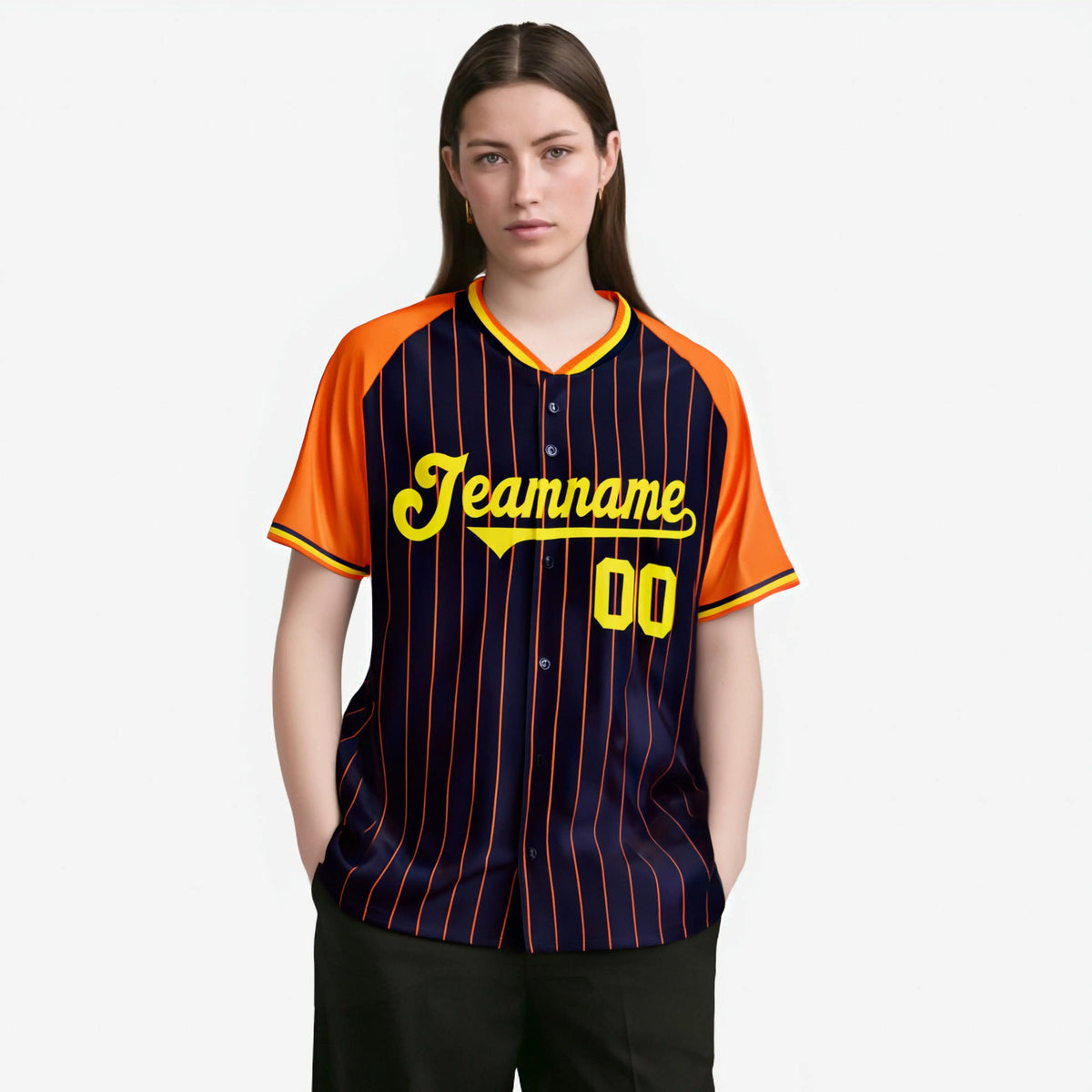 Custom Navy Orange Pinstripe Orange-Navy Authentic Raglan Sleeves Baseball Jersey