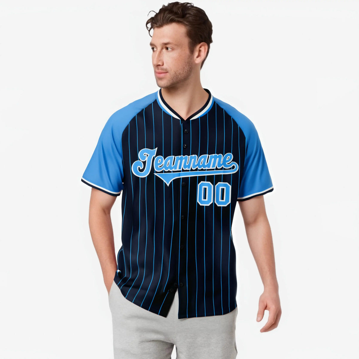 Custom Navy-Light Blue Pinstripe Authentic Raglan Sleeves Baseball Jersey